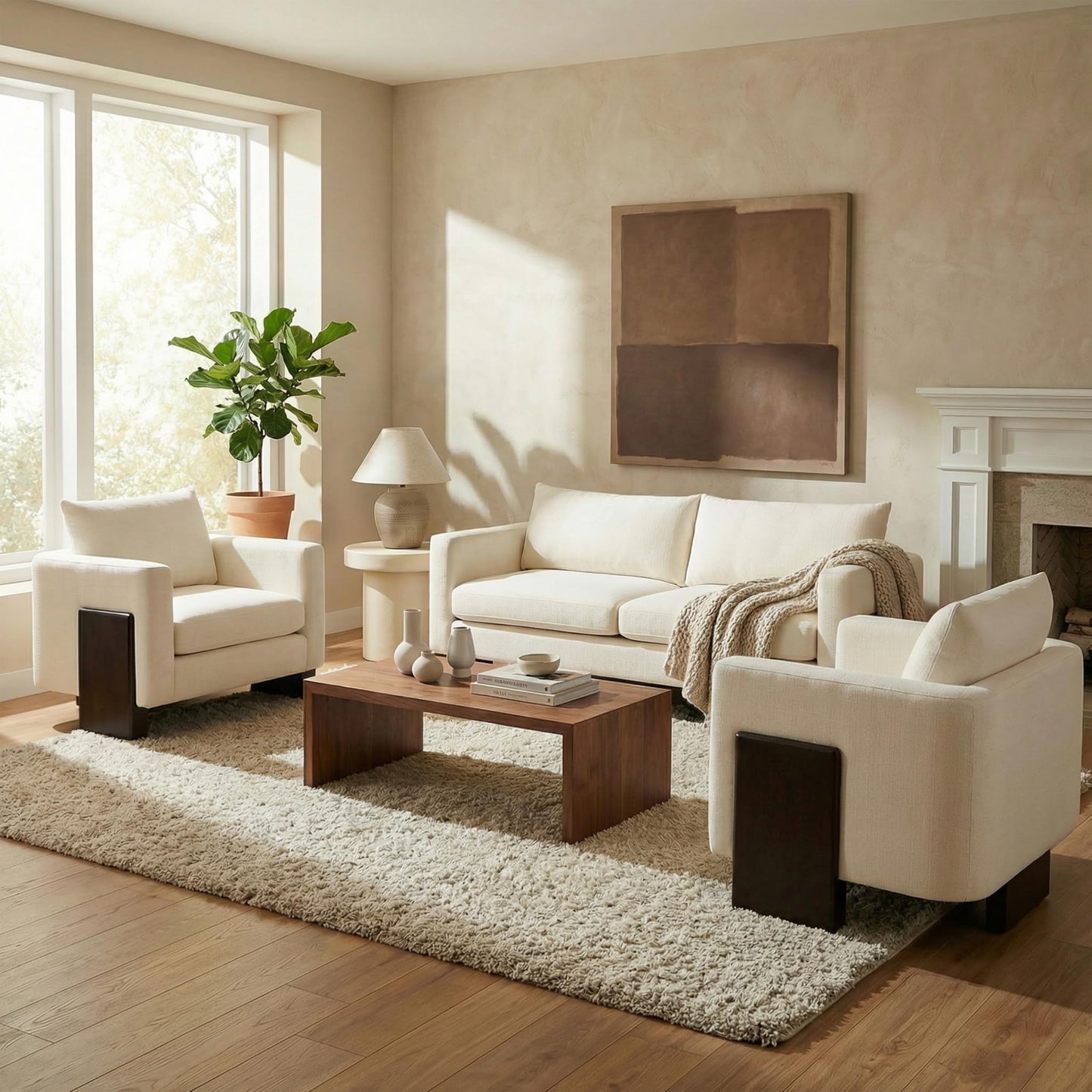 Christopher Knight Home Cozy Oversized 3-Seater Sofa Set with Two Single Chairs, Comfortable Modern Lounge Couch for Living Room or Office, Beige Chenille Fabric 5-Seater Sofa Set with Rubberwood Legs