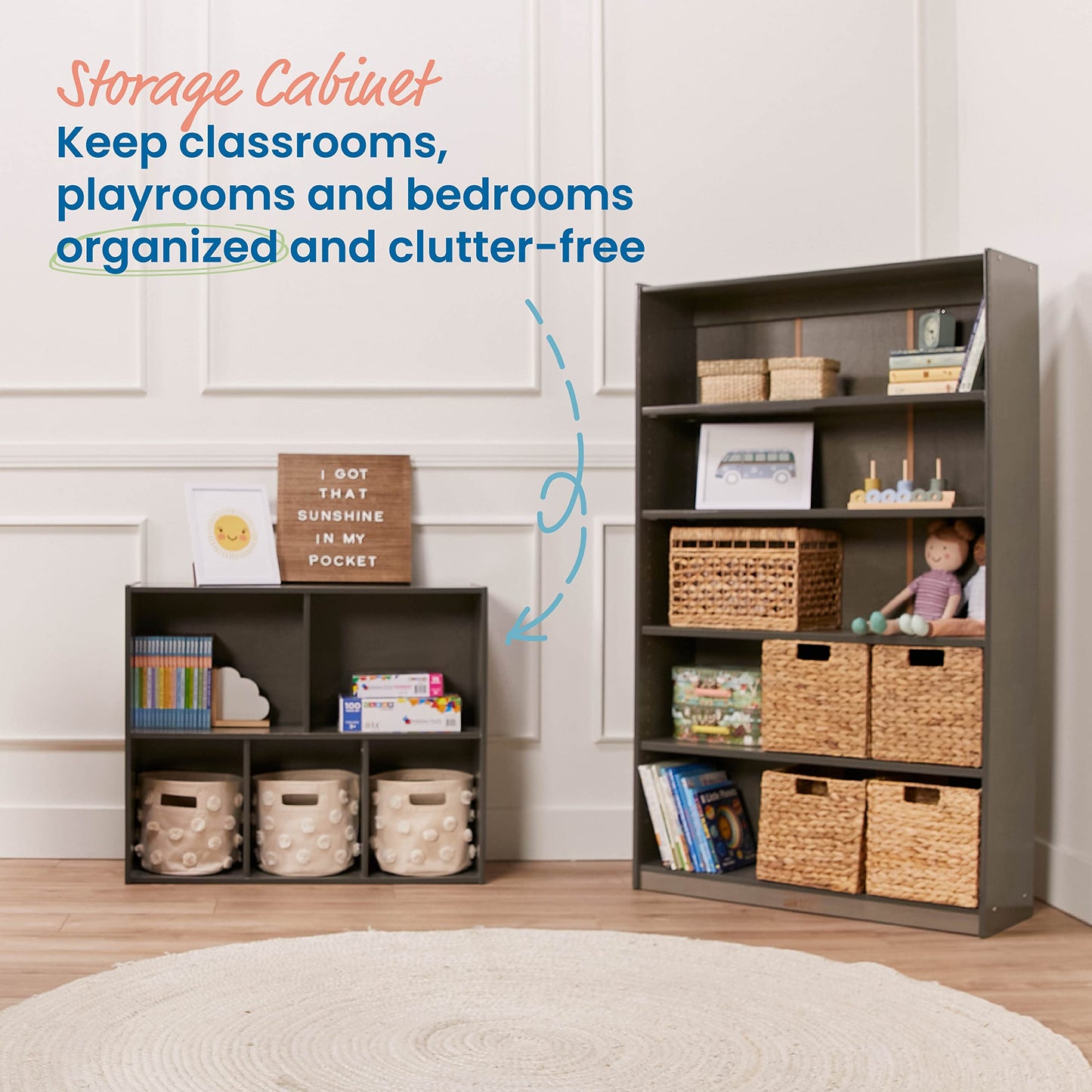 ECR4Kids Streamline 5-Compartment Storage Cabinet, 30in, Classroom Furniture, Grey Wash
