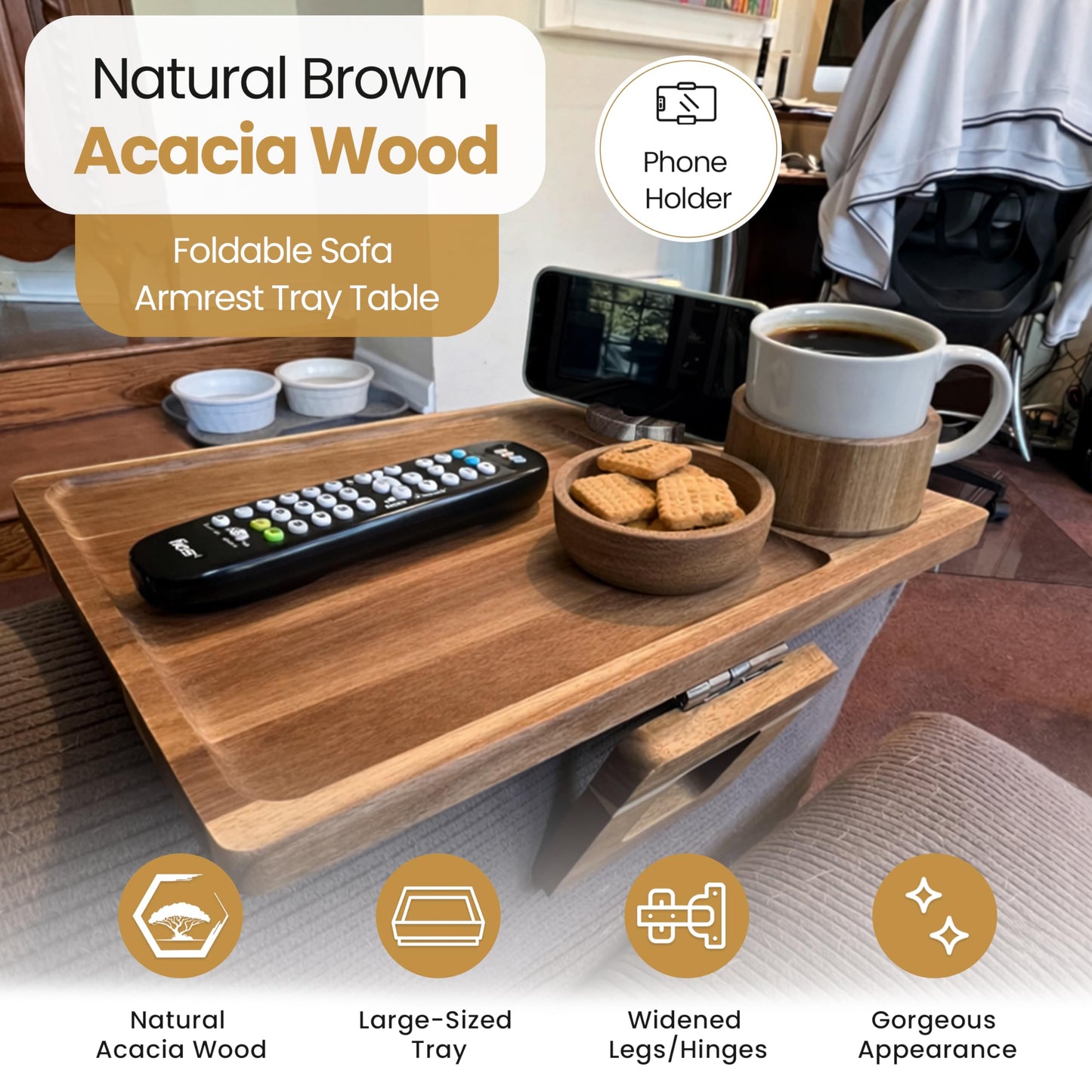Acacia Wood Sofa Armrest Tray Table with Cup Holder & Phone Stand – 3-in-1 Clip-On Couch Arm Tray Table, Rotating Drink & Phone Holder for Couch, Sofa & Living Room