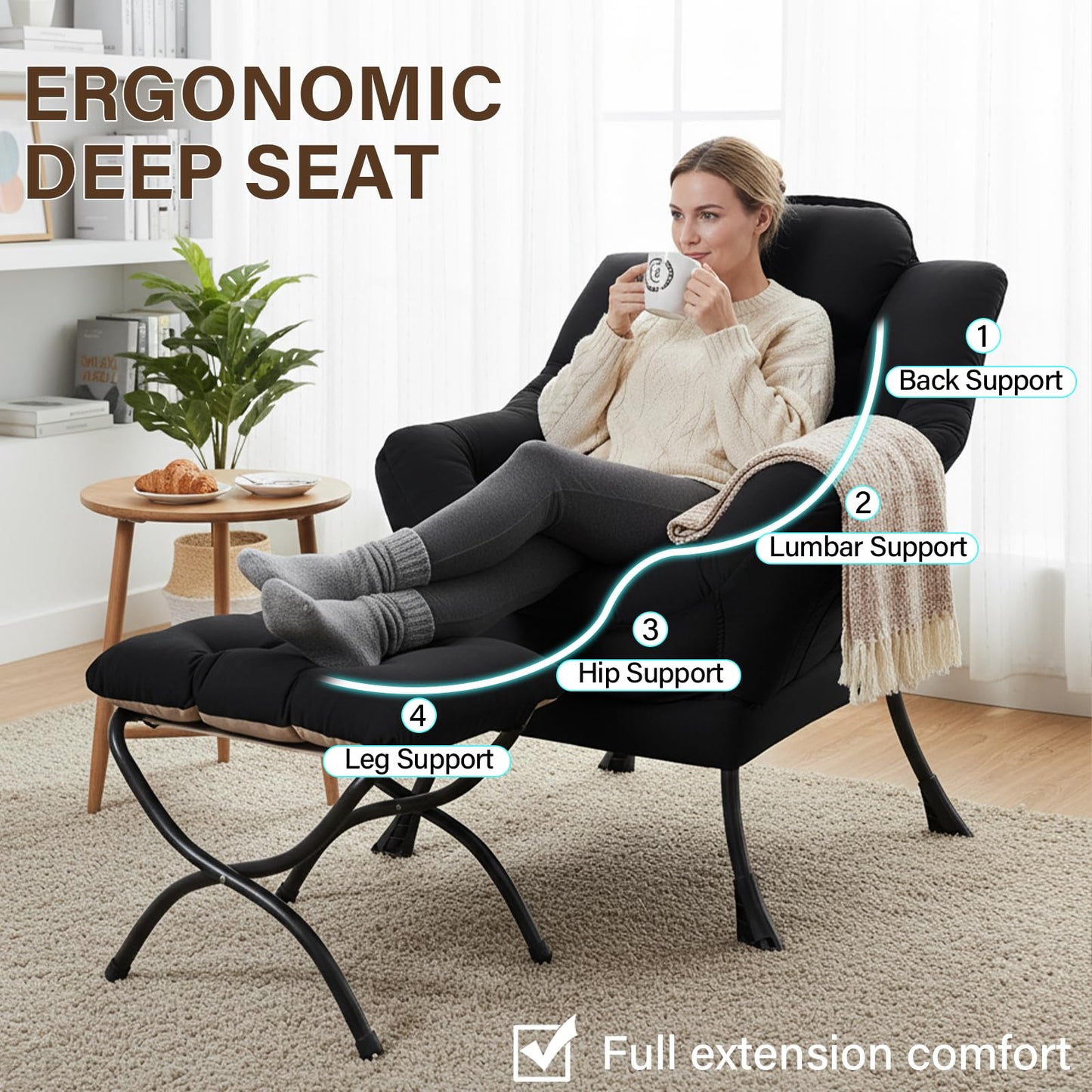 Welnow Lazy Chair with Ottoman, Modern Accent Chair with Armrests and a Side Pocket, Leisure Sofa Armchair Set, Reading Armchair with Footrest for Small Space, Black