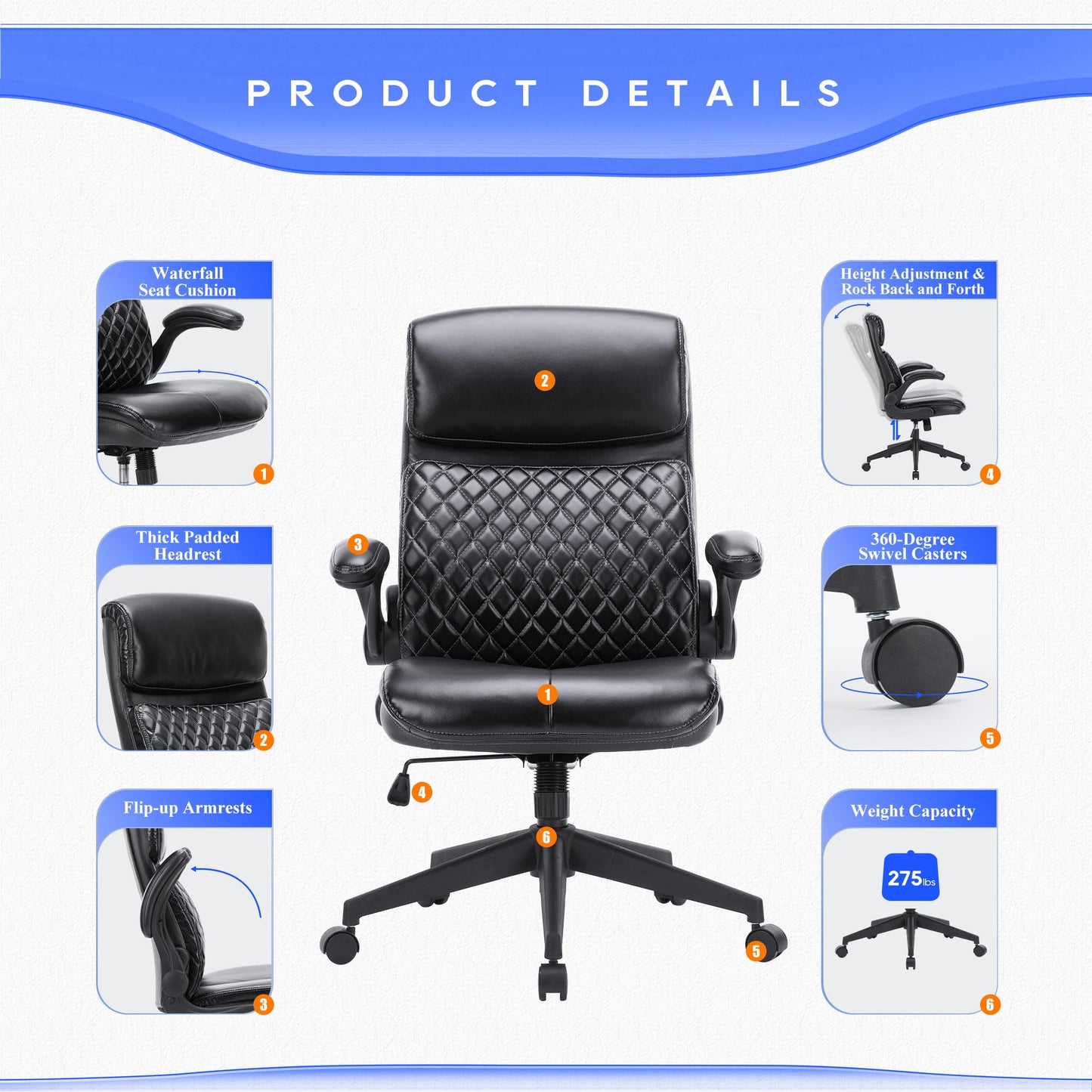 High Back Executive Office Chair-Ergonomic Computer Chair with Flip-up Arms, Executive Leather Office Chair, Adjustable Tilt Tension, Swivel Rolling Home Office Desk Chair-Black,300lbs
