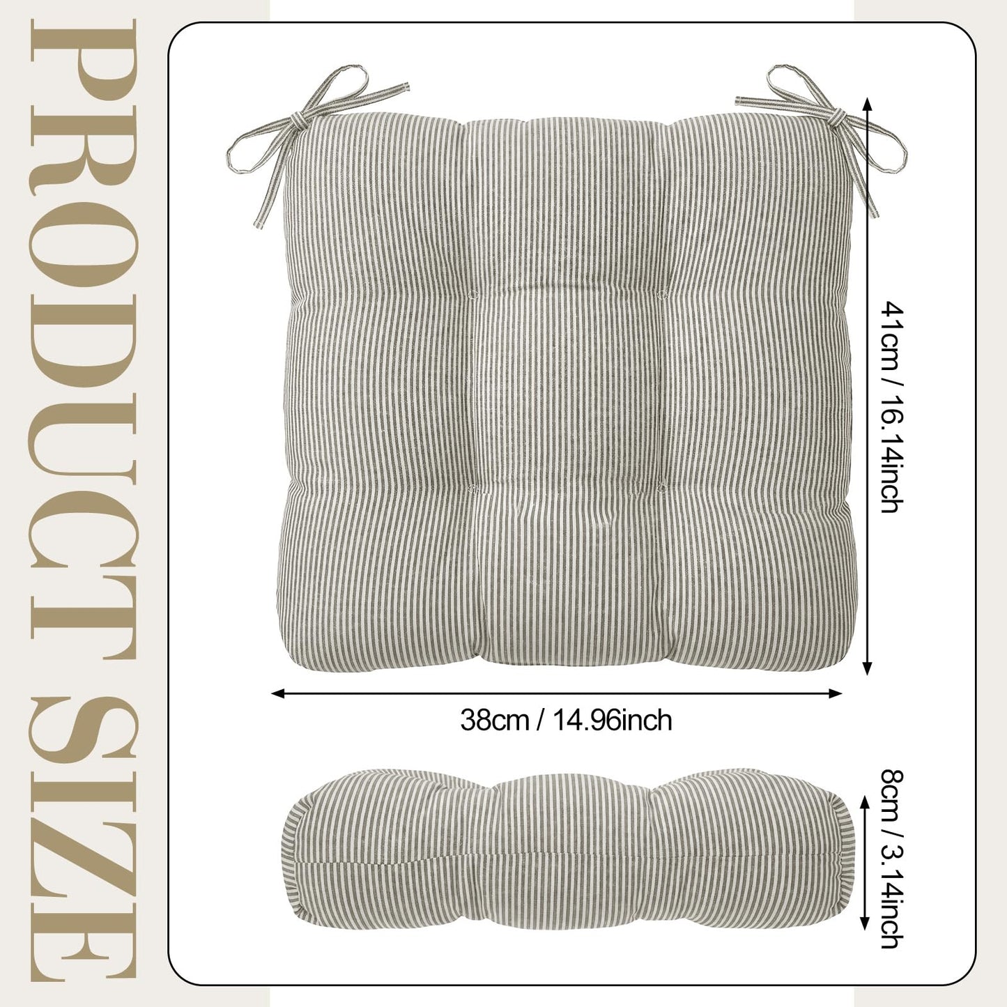 Geetery Gray and White 4 Pack Ticking Stripe Chair Cushions with Ties, 16"x15" Reversible Indoor Chair Pads for Dining Chairs, Soft Kitchen Seat Cushions for Home Office Living Room