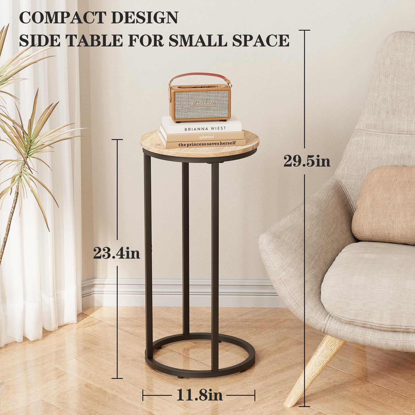 Katrawu C Shaped end Table, Round Side Table for Couch, Small Snack Sofa Table with Metal Frame for TV Tray, Bedroom, Living Room, Bedside (Oak)