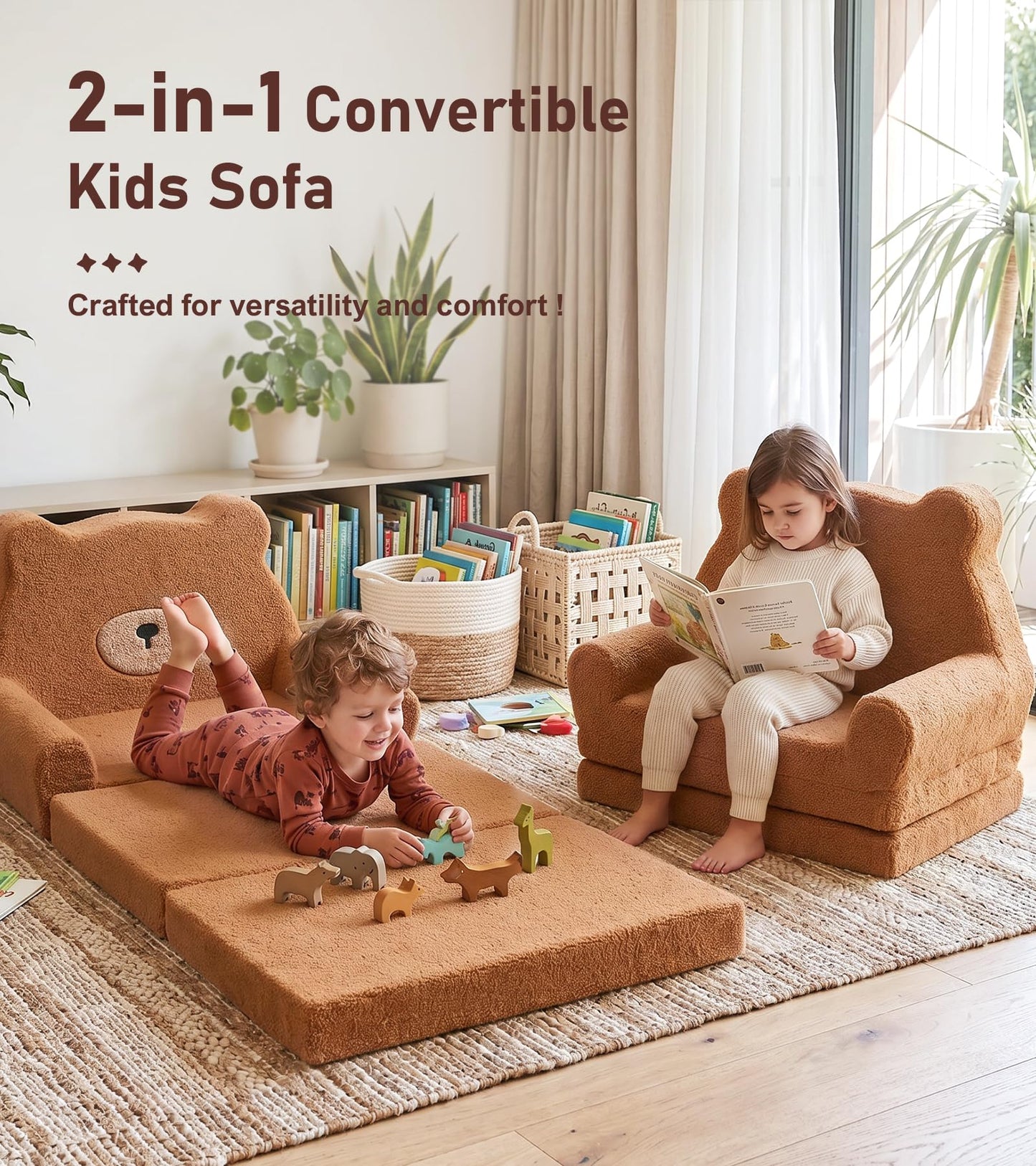 little dove Extra Wide Soft Kids Couch Fold Out, 2-in-1 Kids Couch, Convertible Kid Sofa, Kid Furniture for Playroom, Ideal Gifts for Boys & Girls Ages 3+, Bear