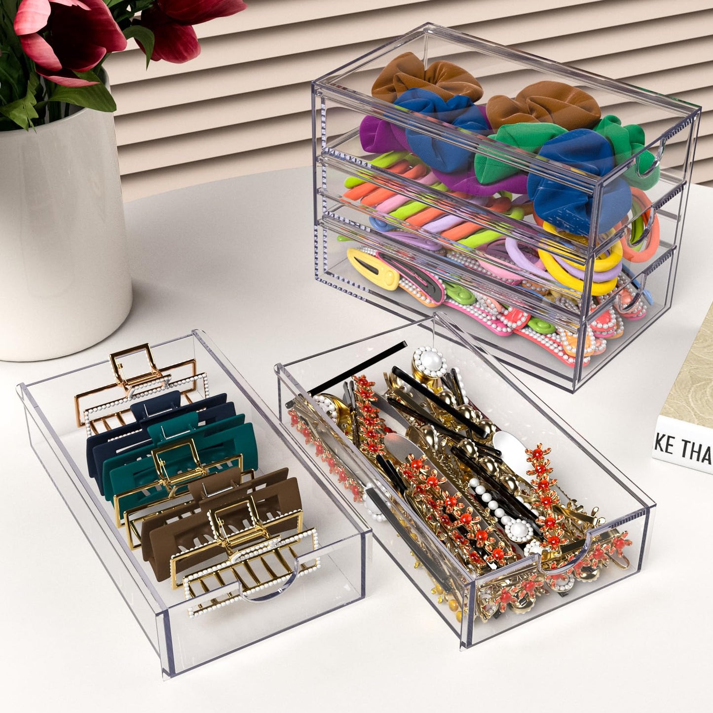 Noverlife 3 Drawers Hair Accessories Organizer, Clear Acrylic Hair Ties Desktop Craft Drawer Cabinet, Hair Claws Desk Organizer Storage Containers Box with Pull-Out Drawer for Bathroom Closet Office