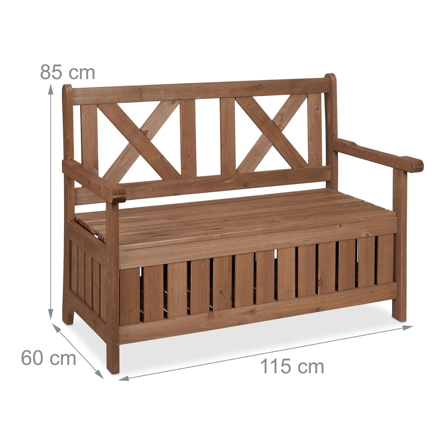 Relaxdays Garden Bench, Outdoor Bench with Storage Space, 2-Seater, HBT 85 x 115 x 60 cm, Seat Chest with Backrest, Dark Brown