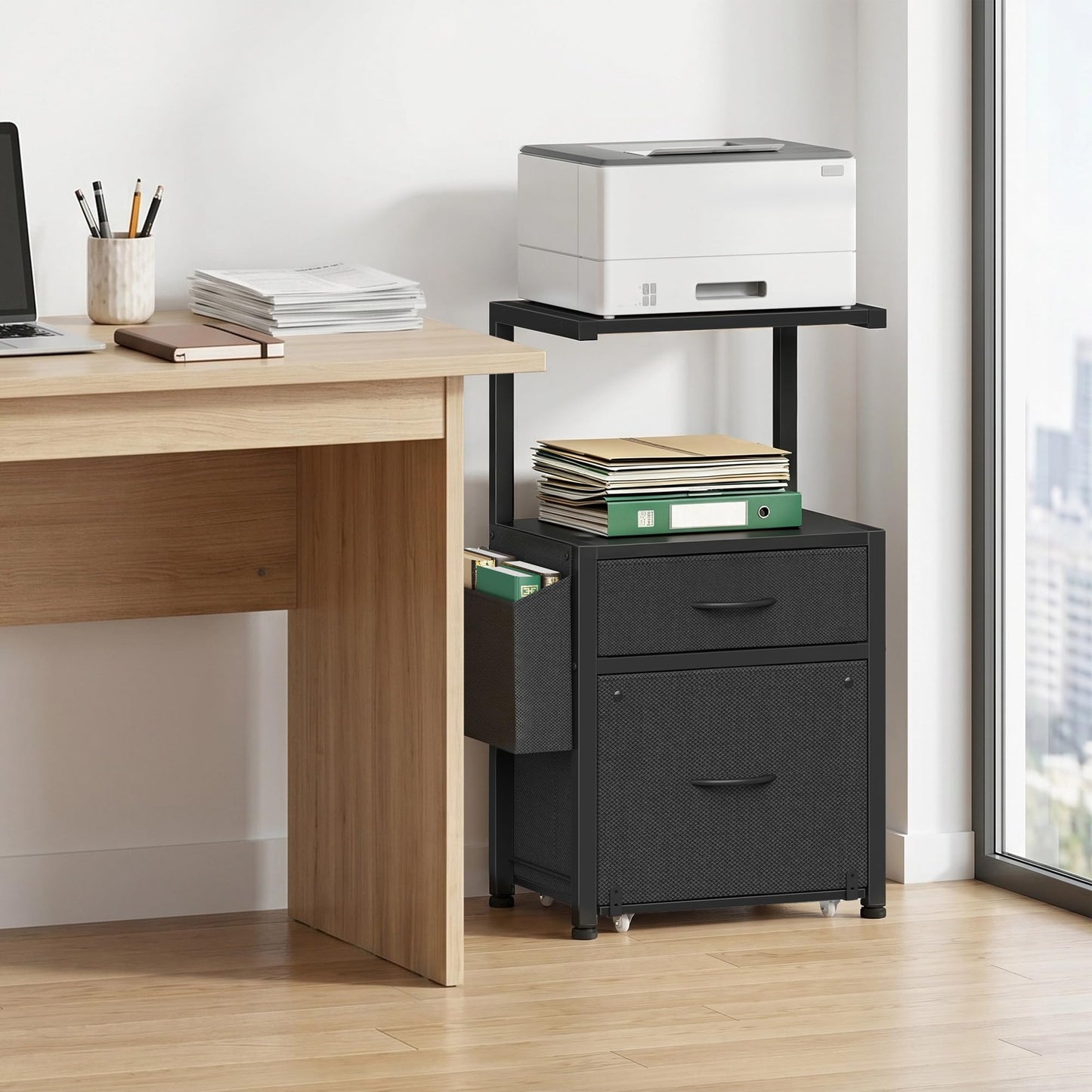 HIGDBFE File Cabinet with 2-Tier Shelf, Letter Size Drawer Filing Cabinet with Reversible Side Bag, Vertical Office Cabinet Printer Stand with Storage for Home Office, Black, 16.5" W