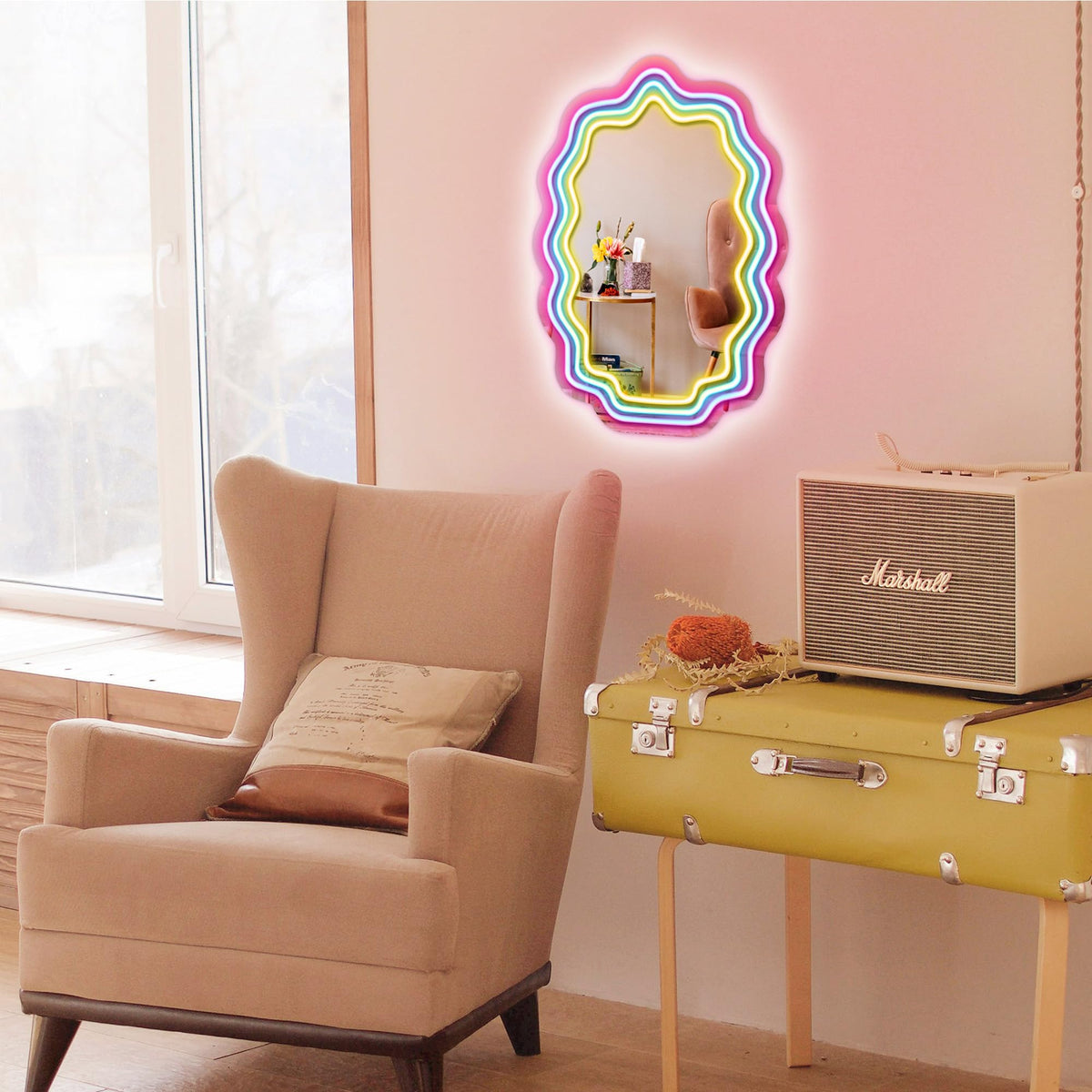 Kavaas Wavy Neon Mirror 16.9" x 12.7", LED Wave Mirror with Lights for Bedroom, Girls Room - Best Gifts for Teen Girls, Birthday, Christmas