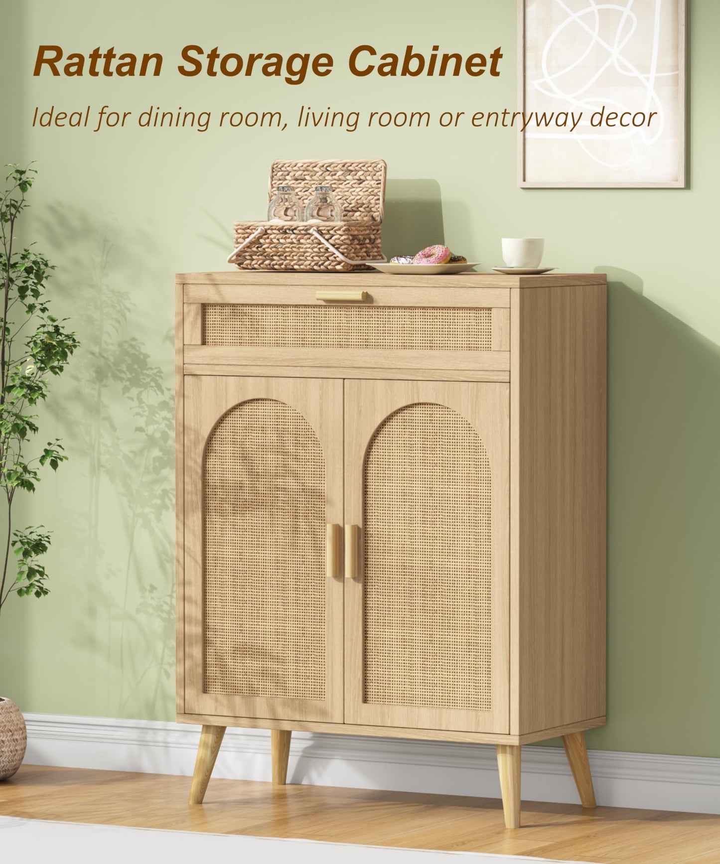 Rattan Sideboard Buffet Cabinet with Storage, Boho Sideboard with Drawer & Adjustable Shelf, Kitchen Floor Cabinet with 2 Doors & Solid Wood Feet, Coffee Bar for Entryway, Living Room, Natural Oak