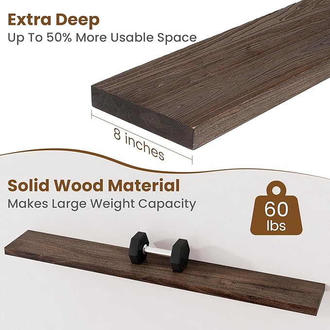 Floating Shelves for Wall Decor, 8 Inch Deep Rustic Solid Elm Wood Floating
