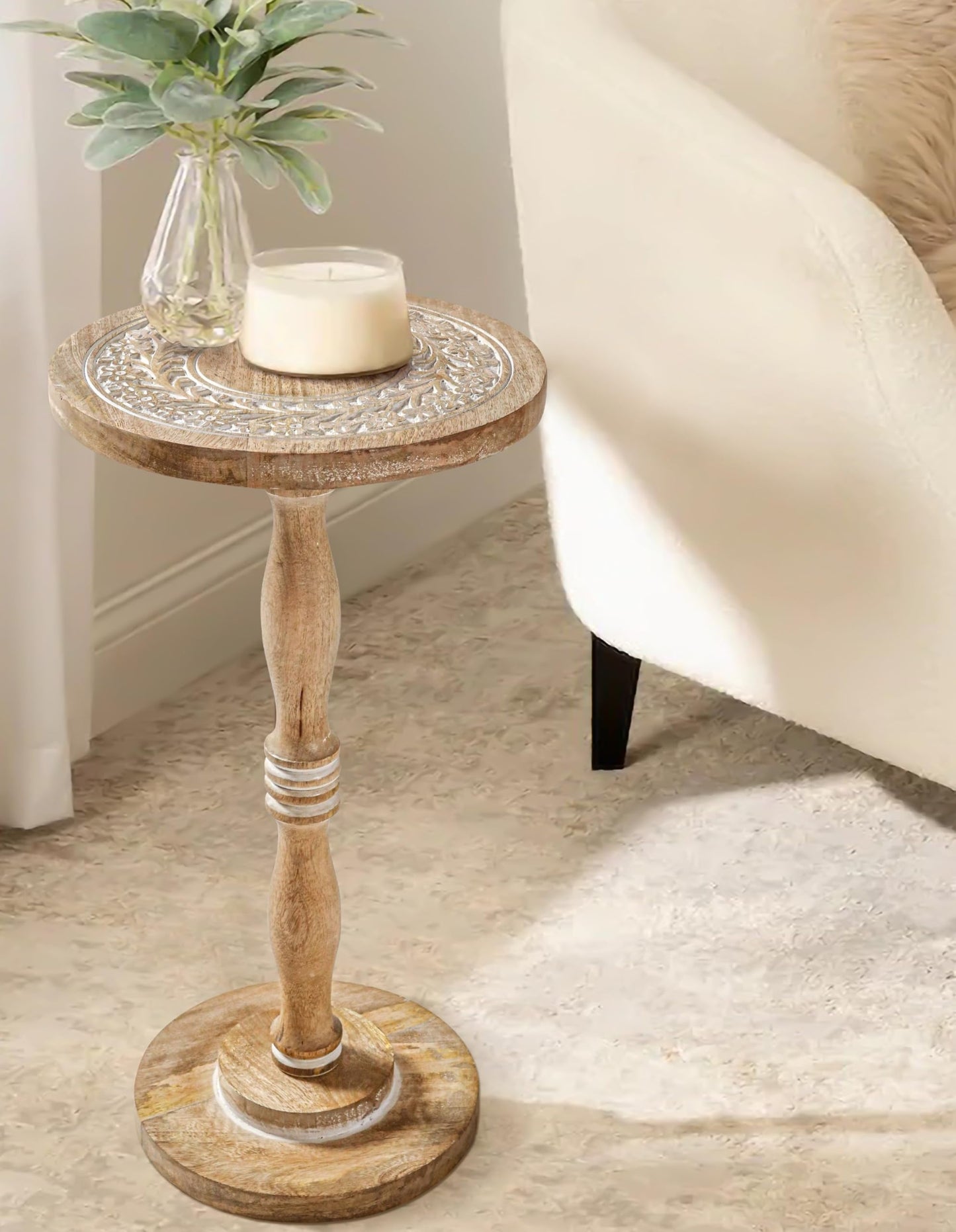 The Wooden Town Hand-Carved Solid Wood End Table - 12x22 White Wash Finish Accent Side Table for Living Room, Bedroom Nightstand, Small Pillar Table for Plants or Décor
