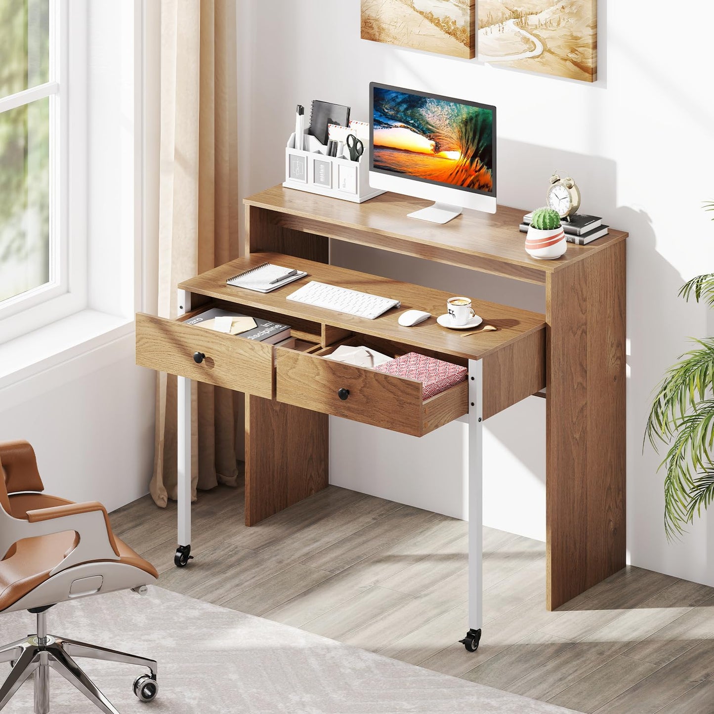 Giantex Small Computer Desk with Hutch & Drawers, Extendable Writing Desk w/Pull Out Secondary Table, Monitor Stand & Rolling Wheels, Console Table, Compact Desk for Small Spaces (Natural)