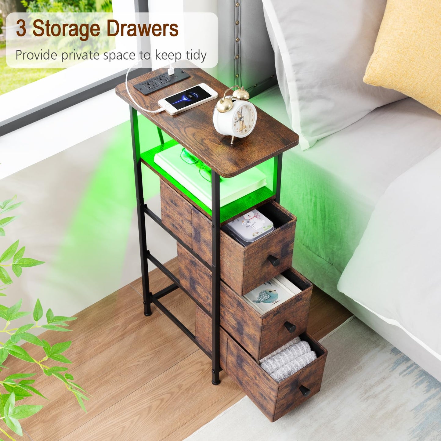 LOAKEKEL Narrow End Table Living Room with Charging Station, Skinny Side Table with Fabric Drawers, Slim LED Nightstand for Bedroom, Small Spaces, Couch, Rustic Brown, HETNDP03LPBR-1