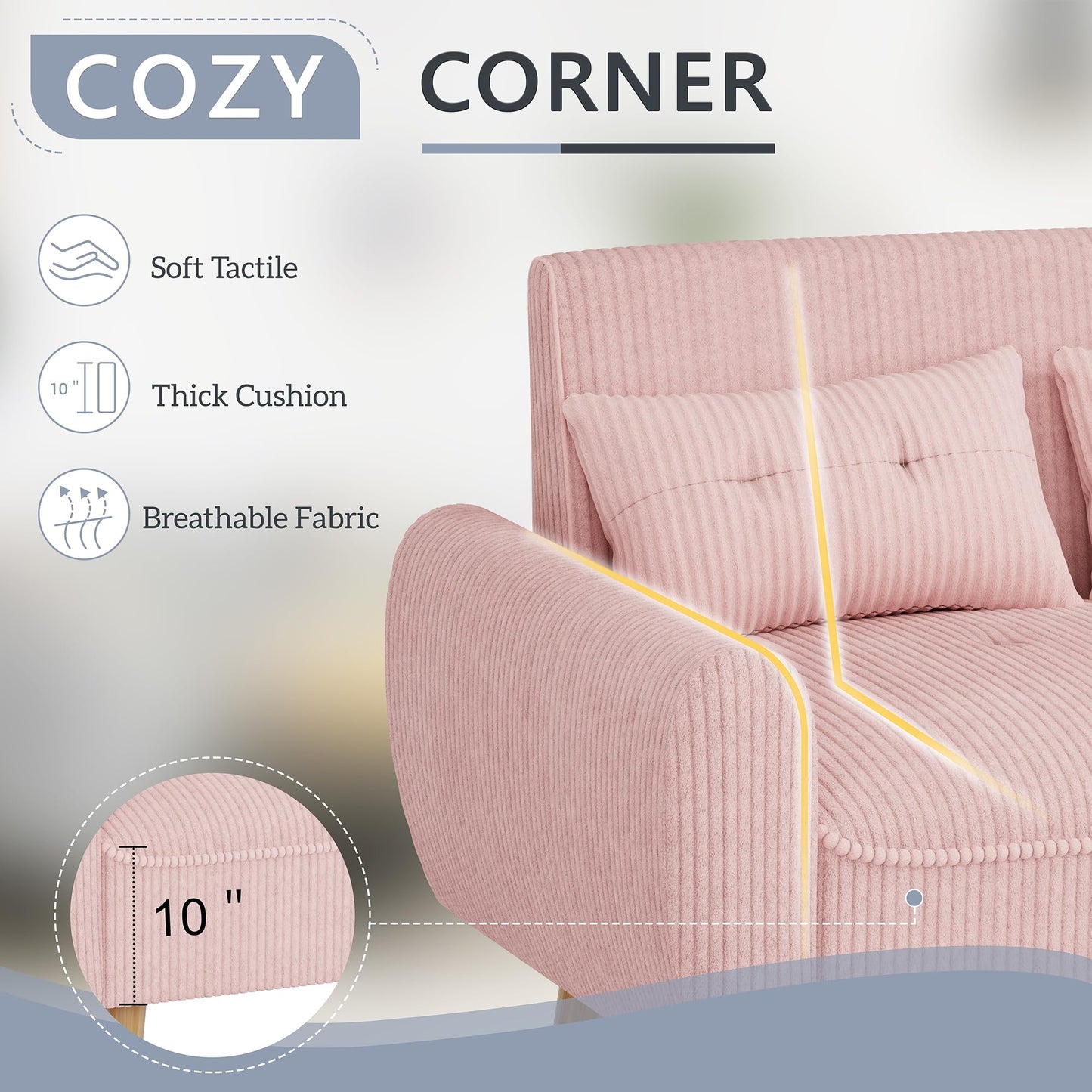 Shintenchi 48'' Loveseat Sofa, Mid-Century Modern Upholstered Couch Deep Seat with 2 Pillows, 10" Thick Cushion with Spring, Solid Wood Frame Small Couch for Living Room, Bedroom, Dorms & Office, Pink
