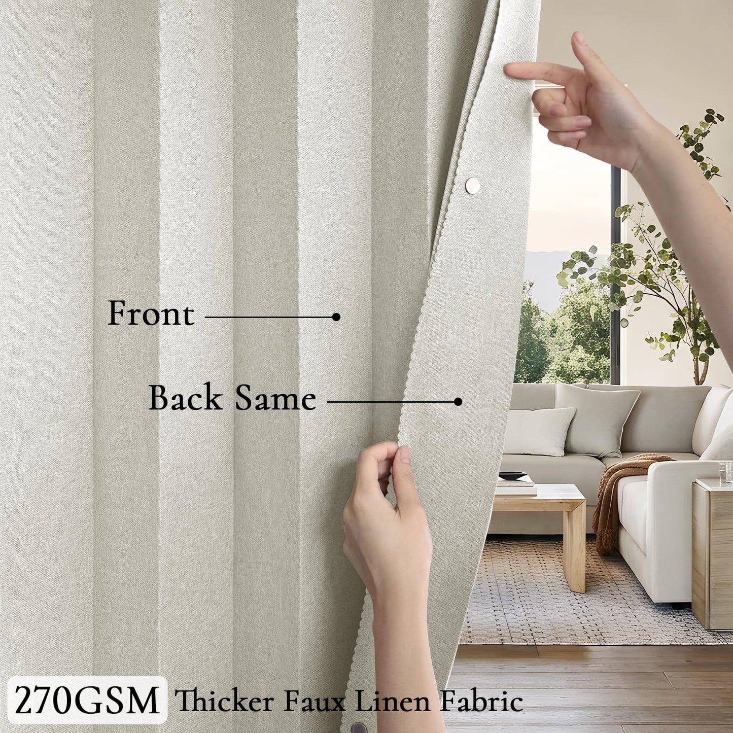 HMYI Faux Linen Curtain Black Out 96 inch Long, Memory Trained Pinch Pleated Vertical Drape for Loft/Home Office, 1 Panel, W52 x L96, Natural