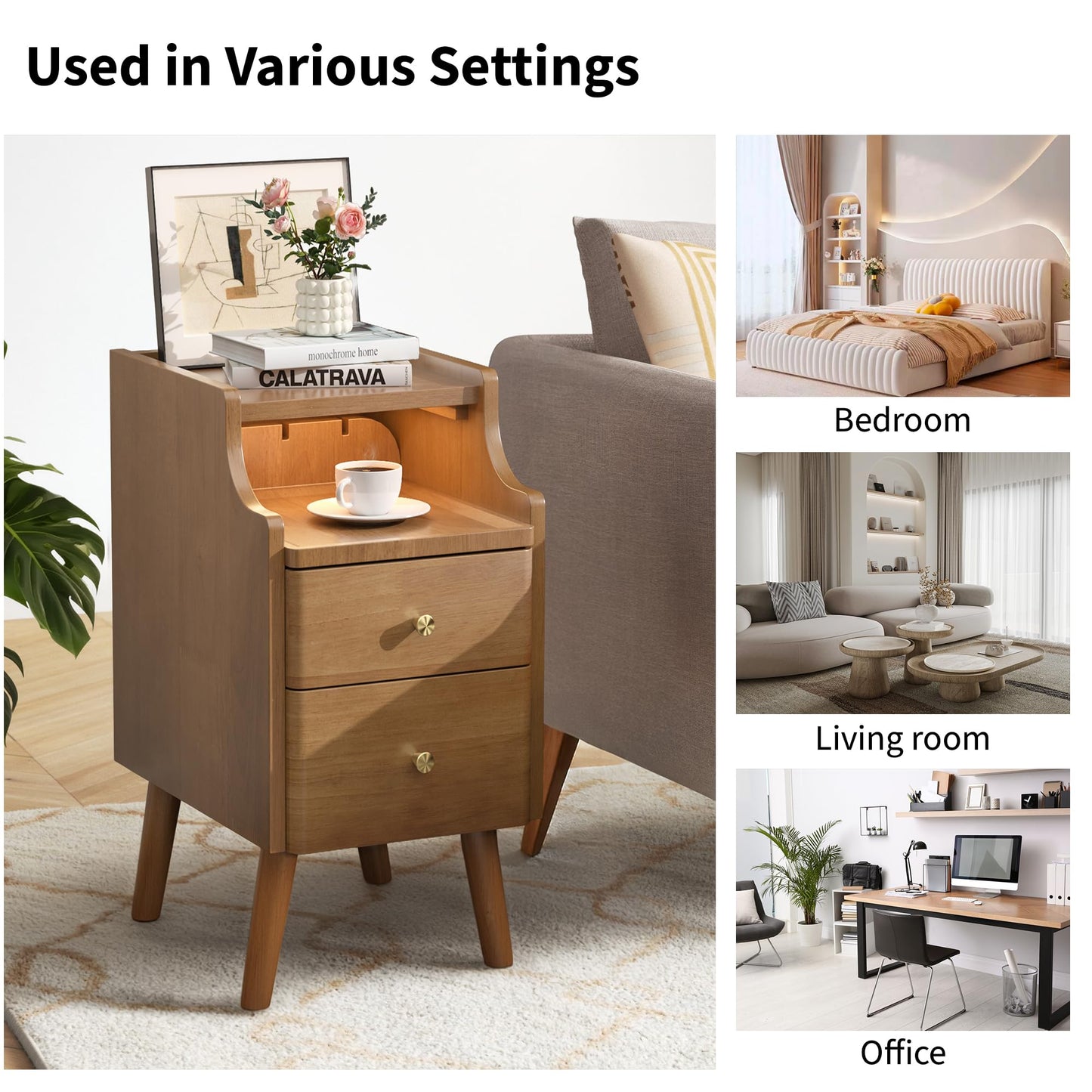 Narrow Nightstand Set of 2, Solid Wood Night Stand with 2 Drawers, Walnut Mid Century Modern Nightstand, Small Bedside Table with Open Storage Shelf for Bedroom (10 Inch)