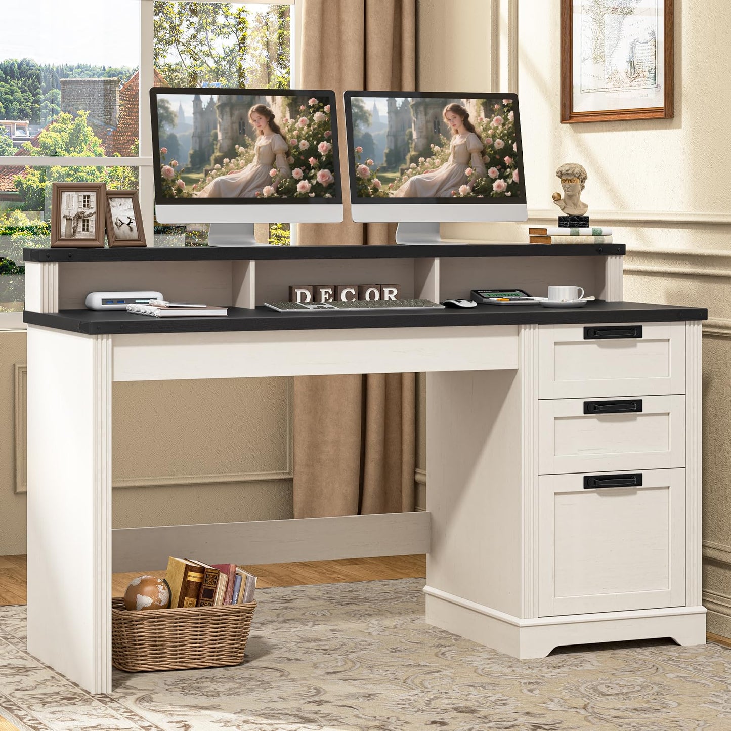 Halitaa Farmhouse Executive Desk with 3 Drawers, Computer Desk with File Drawer for A4 Sized Hanging Files, Home Office Desk for Living Room Study, Rustic White and Black