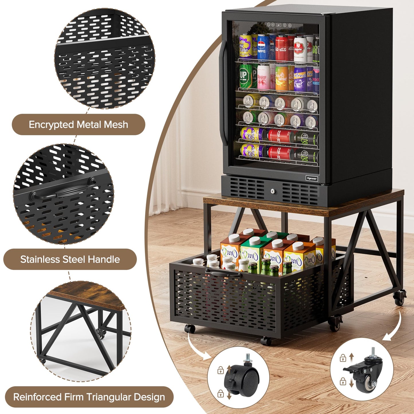 Urban Deco Mini Fridge Stand with Storage,Heavy Duty Fridge Cart with Drawer Basket,Mini Refrigerator Table for 220LBS,Mobile Fridge Stand with Swivel Wheels for Dorm,Home,Brown(Frame with Wheels)
