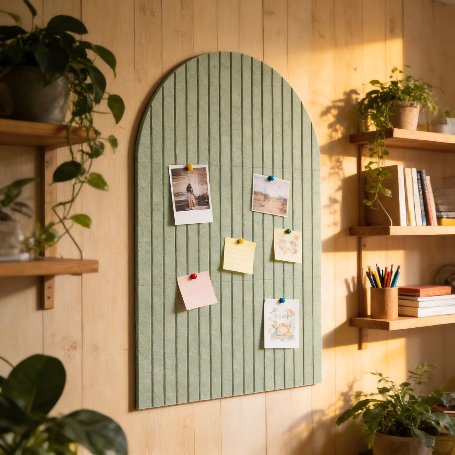 Large Arched Felt Bulletin Board, Sized 36" x 24" for Office & Wall Decor – 6 Customizable Adhesive Tiles with Pins are Perfect to Display Your Photos (Sage Green)