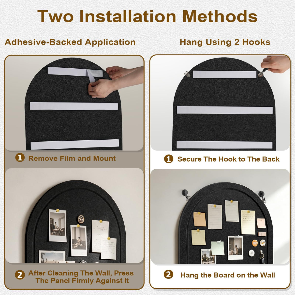 Arched Felt Bulletin Board, Sized 24" x 18" Cork Board Alternative Grooved Edge Foldable for Office & Wall, Customizable Adhesive Tiles with Pins Hooks for Photo Display School Home Office, Black