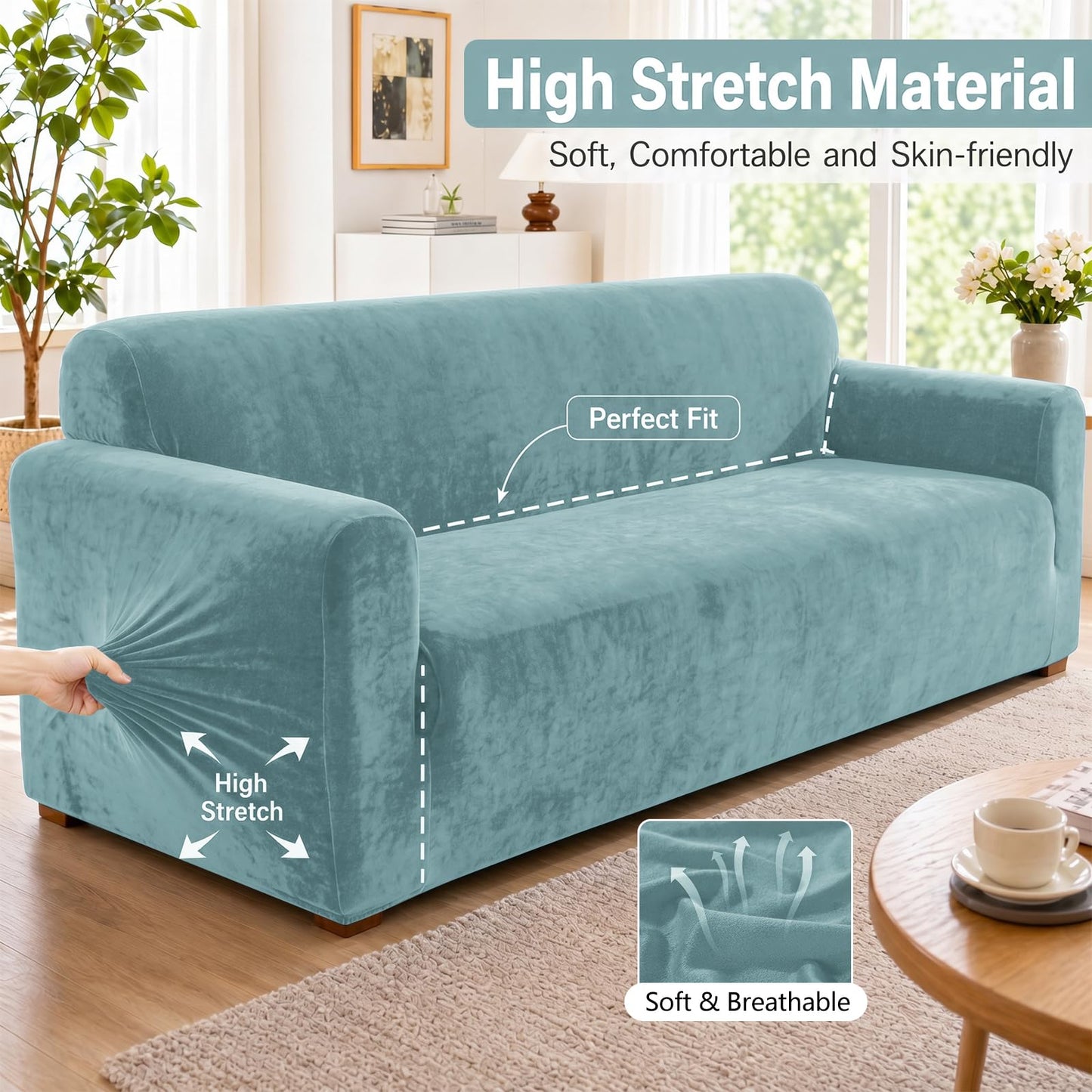 YEMYHOM Real Velvet Couch Covers for 2 Cushion Couch High Stretch 1 Piece Loveseat Slipcover for Pets Dogs Anti Slip Love Seat Sofa Slipcover Furniture Protector (55"-69", Dusty Blue)