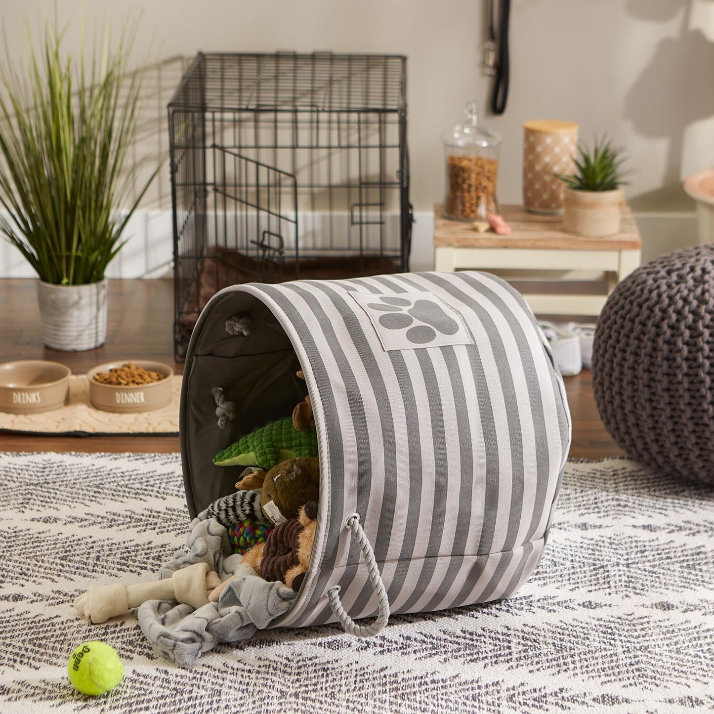 Bone Dry Pet Storage Collection Striped Paw Patch Bin, Large Round, Gray
