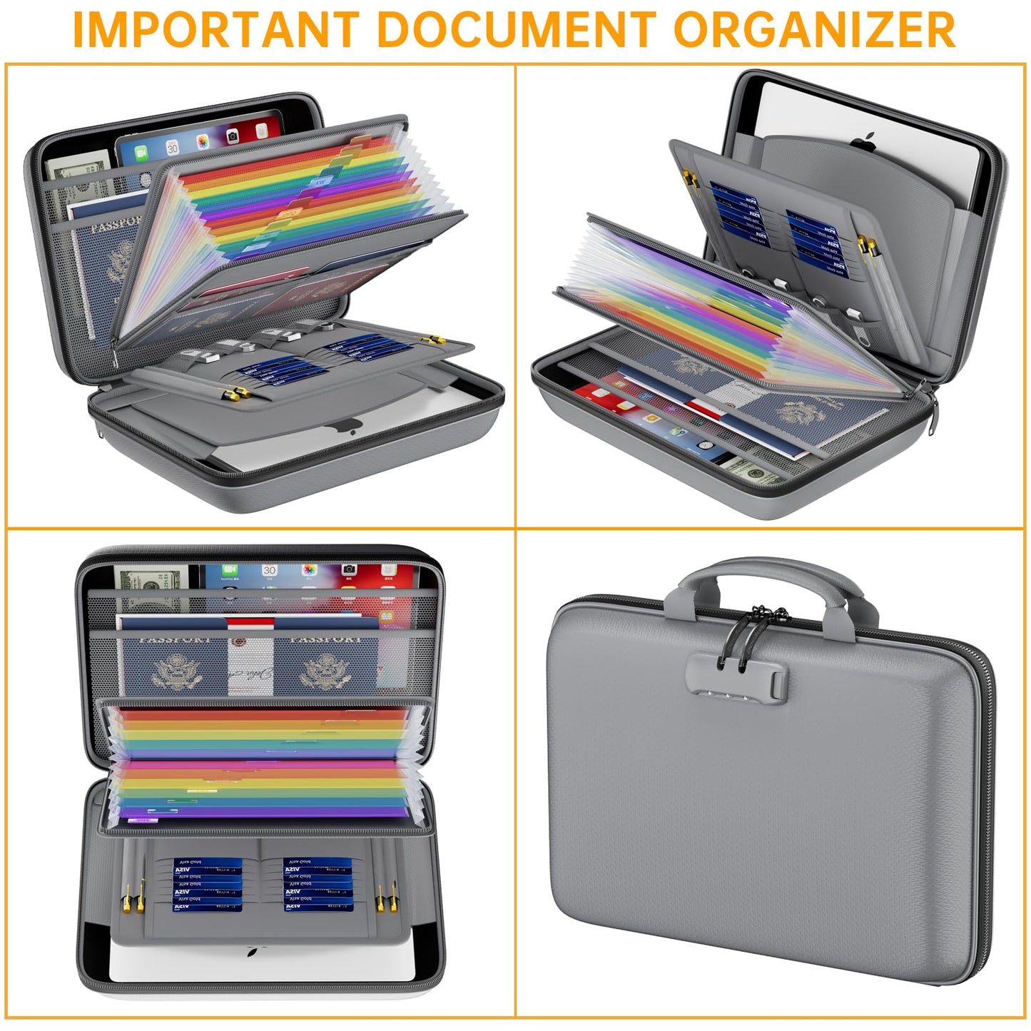 DocSafe Fireproof File Organizer with Lock, Hard-Shell Case Fireproof Document Box with 13 Pocket Accordion File Folder, Portable Home Office Travel Safe Storage for Important Documents Laptop Gray