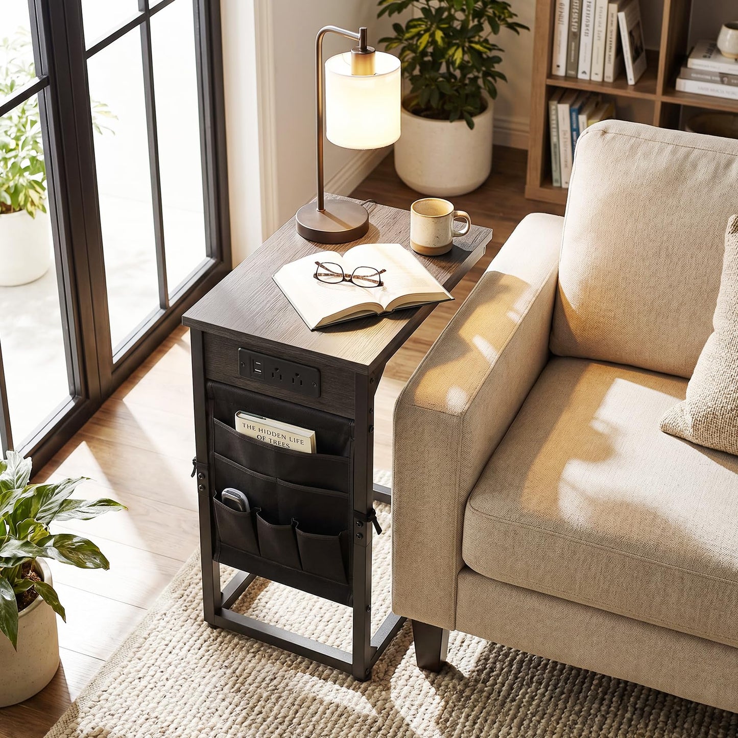 AMHANCIBLE C Shaped End Table with Charging Station, Couch Side Tables that Slide Under Sofa with Storage Bag, Slim TV Tray with USB Ports for Living Room, Bedroom, Dark Grey HET04CDG