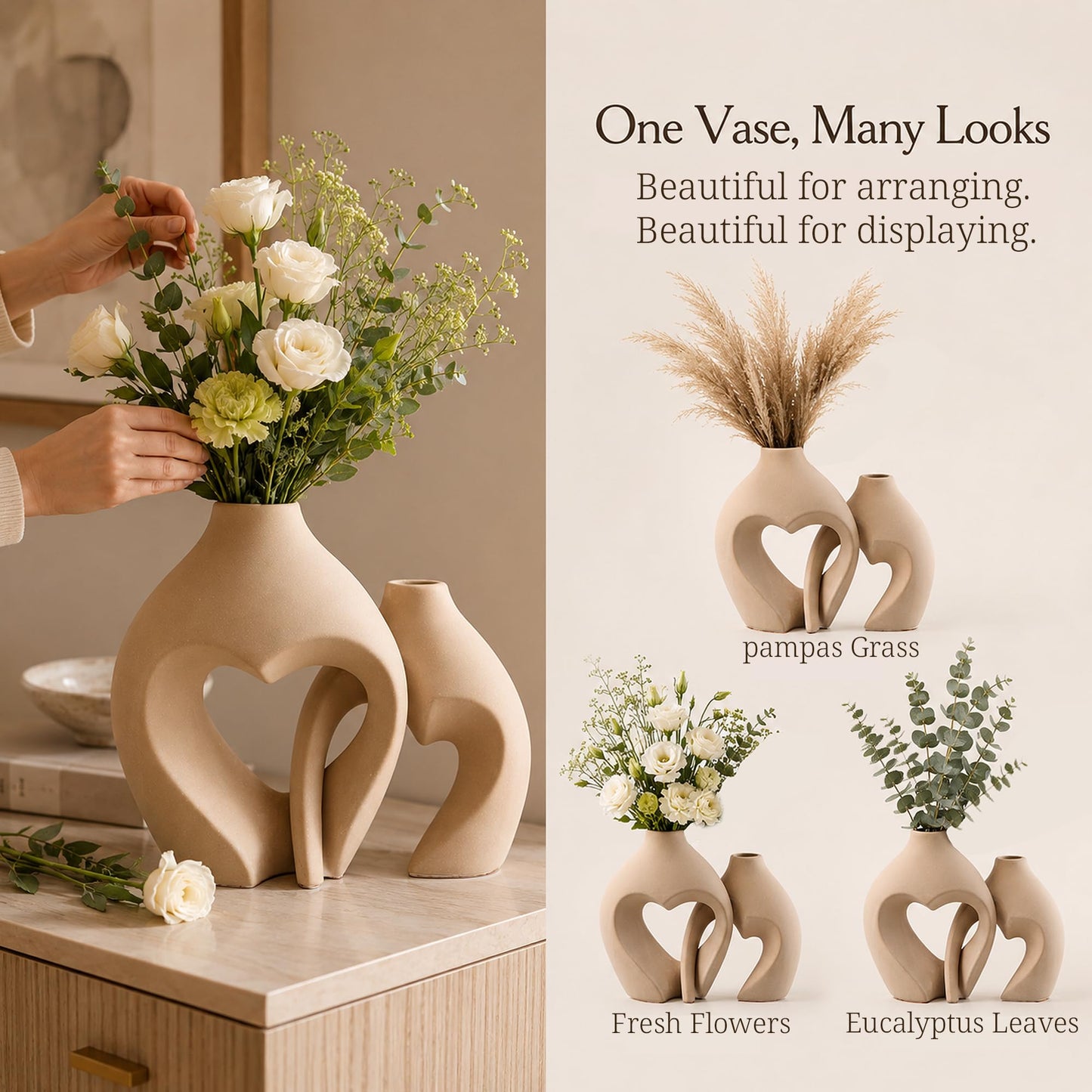 Ceramic Flower Vases Home Decor Heart Shaped Vase Set of 2