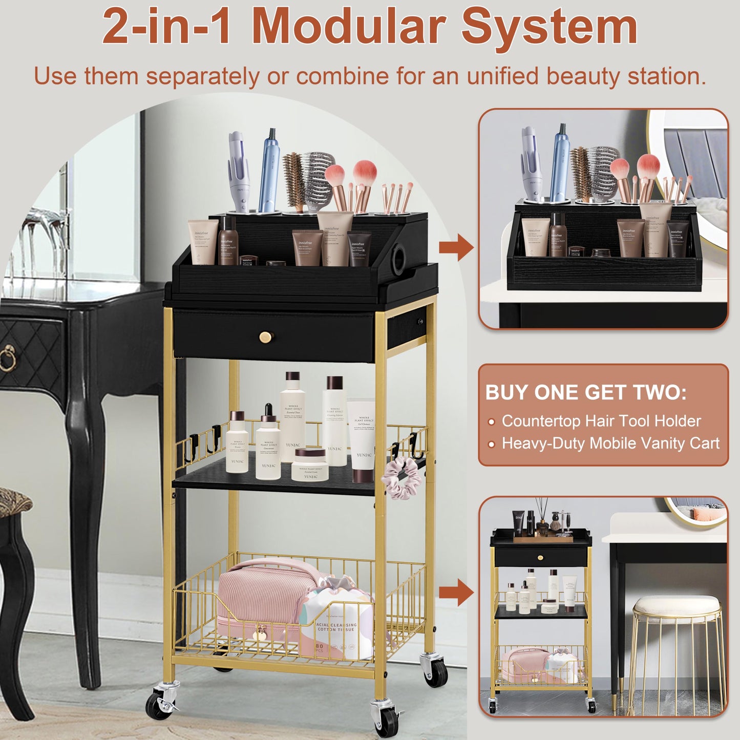 NauwaBarn Large Makeup Organizer Cart with Hair Tool Holder, Rolling Makeup Cart with Drawer, 2-in-1 Vanity Organizer Cosmetic Display Cases for Skin Care Perfume Nail Polish Brush Tools, Gold & Black