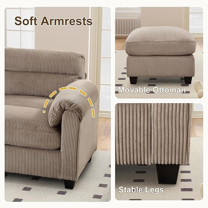 HAOMARKETS Corduroy 2-Piece Sofa Set, Upholstered Ottoman and Accent Chair Sofa