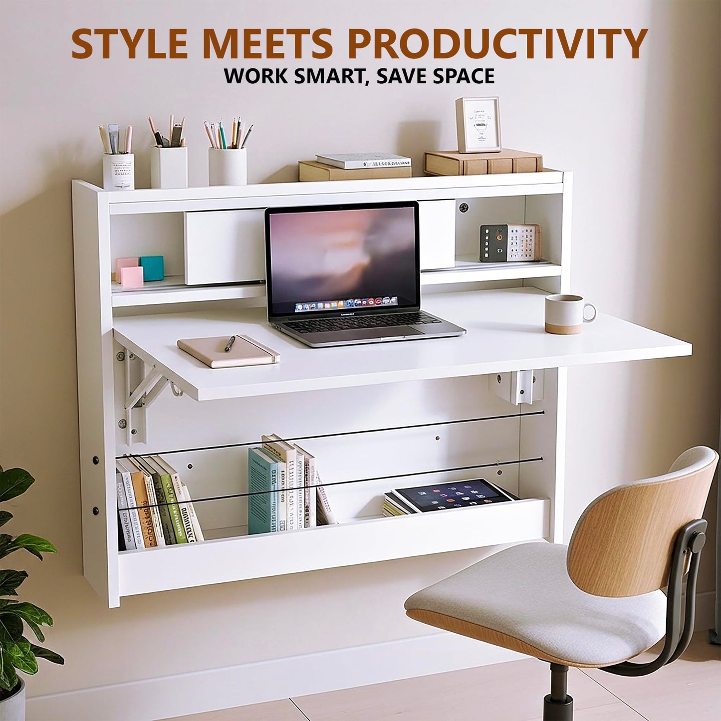 GOOTRY Wall Mounted Desk 31 inches, Folding Table with Shelves, Space Saving Computer Table, Floating Table for Wall, Multi-Purpose Folding Desk Perfect for Workstations, Dining, or Laundry Area.