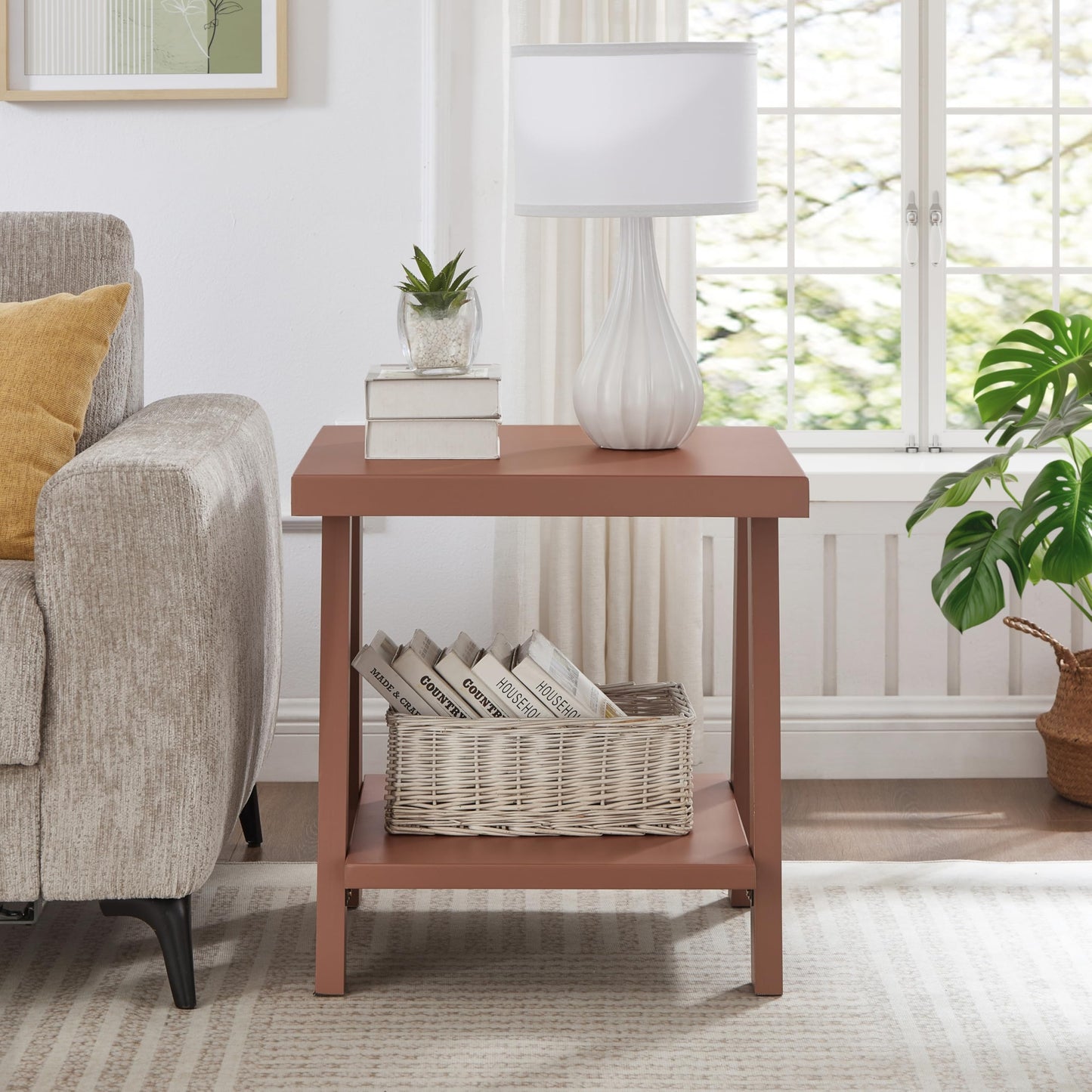 Roundhill Furniture Athens Contemporary Wood Shelf End Table in Red