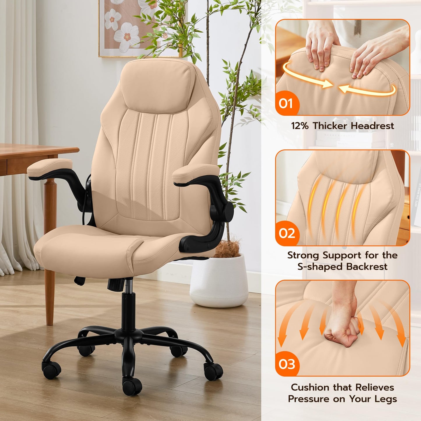 Ylzyxal Office Desk Chair, Ergonomic Computer Chair with Padded Flip-Up Arms and Adjustable Lumbar Support, PU Leather Executive Chair with Tilt Lock and 360° Swivel Rolling Wheels for Work, Study