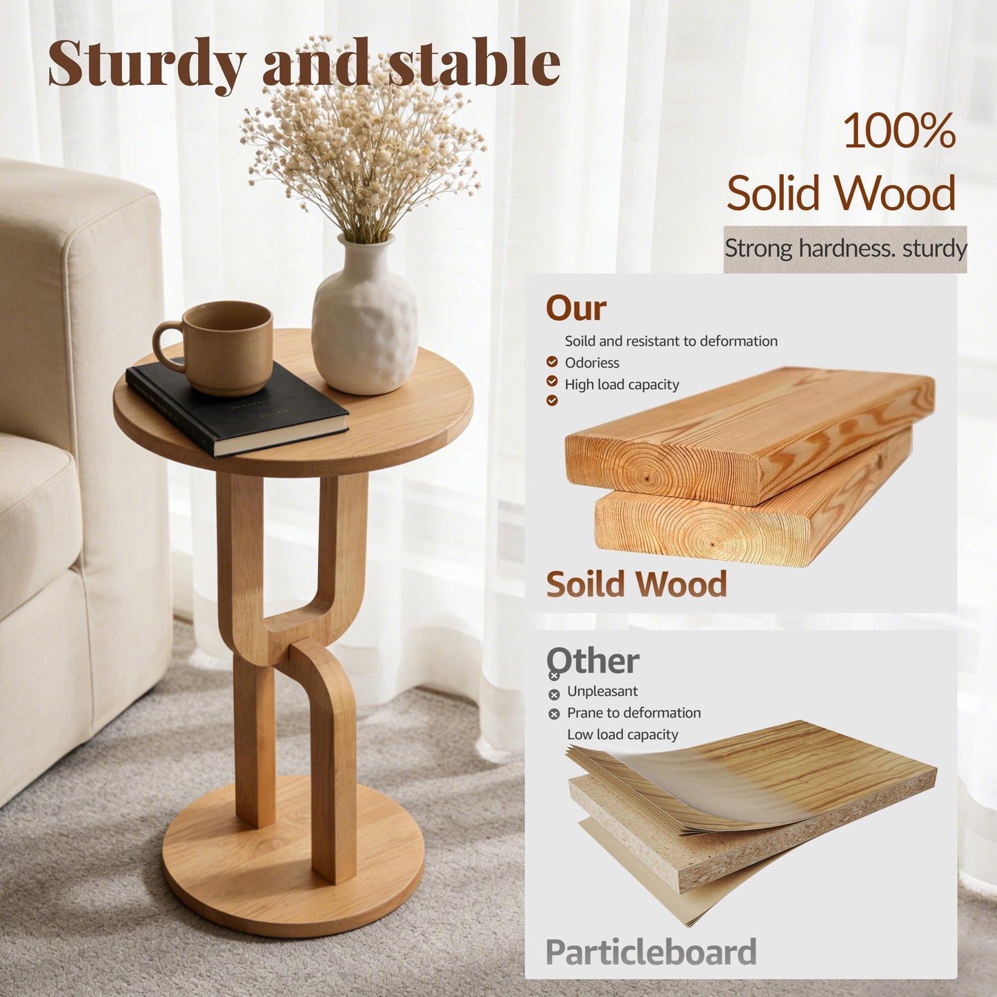 COVLON Solid Wood Small Round Side Table, Modern Accent End Table, Bedside Nightstand with U-Shaped Base for Living Room, Bedroom, Apartment and Small Spaces