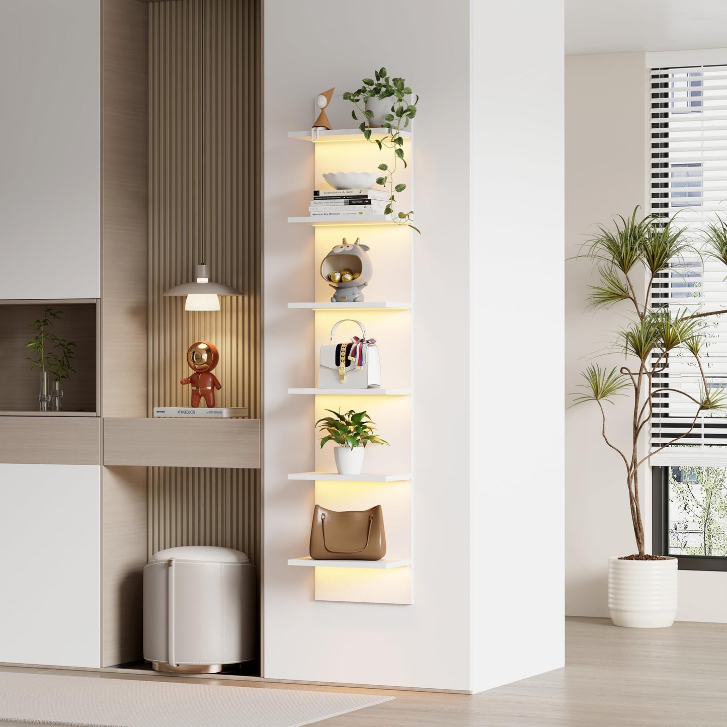 Qupui 6-Tier Wall Shelf with RGB LED Lights, 57" Tall Floating Storage Organizer for Bedroom Living Room Game Room - White Wall Mounted Shelves with 22 Lighting Modes