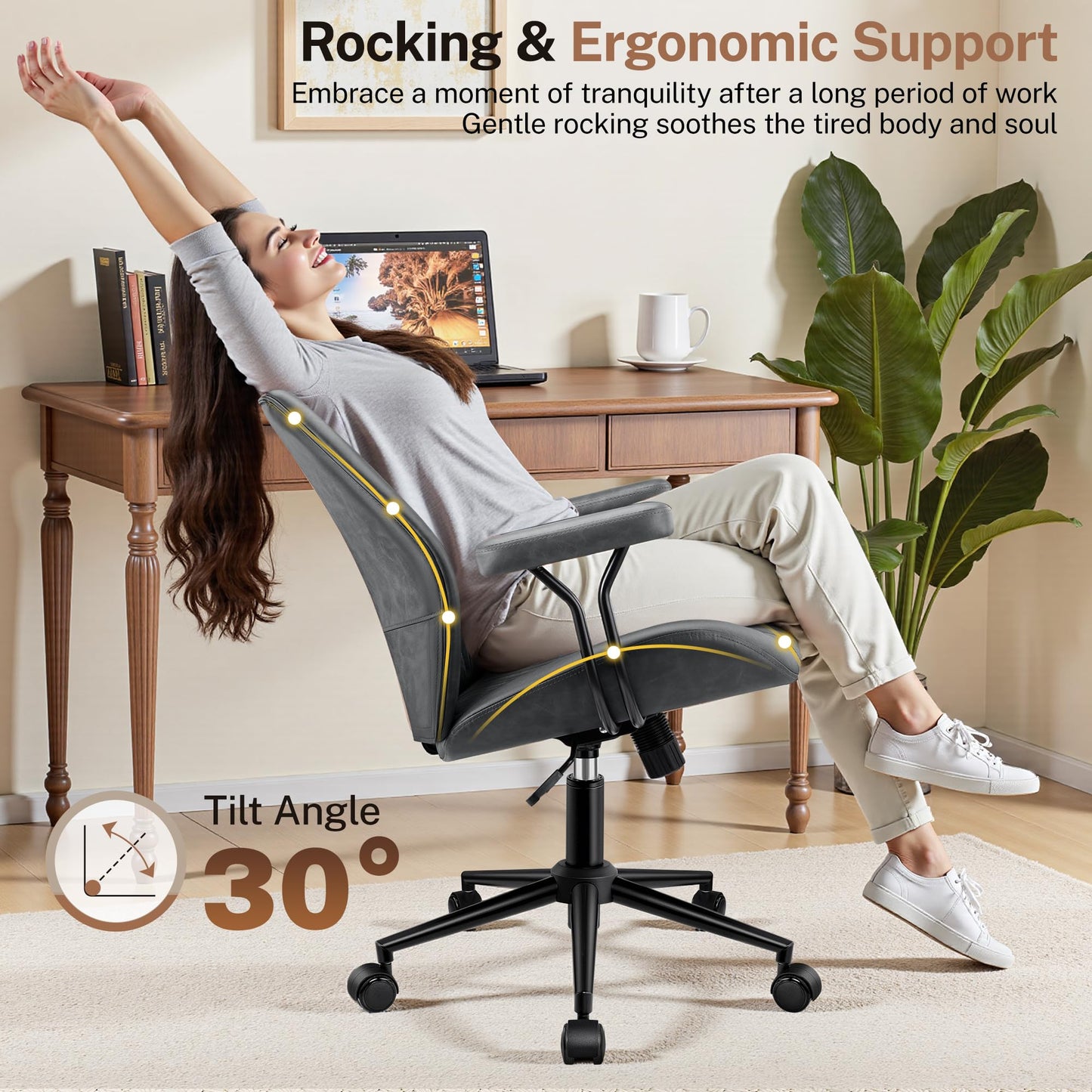 HeroSet Leather Office Chair with Removable Armrests, Mid Back Ergonomic Desk Chair with Lumbar Support, Adjustable Height Rocking Swivel Executive Chair for Home Office, Drak Gray