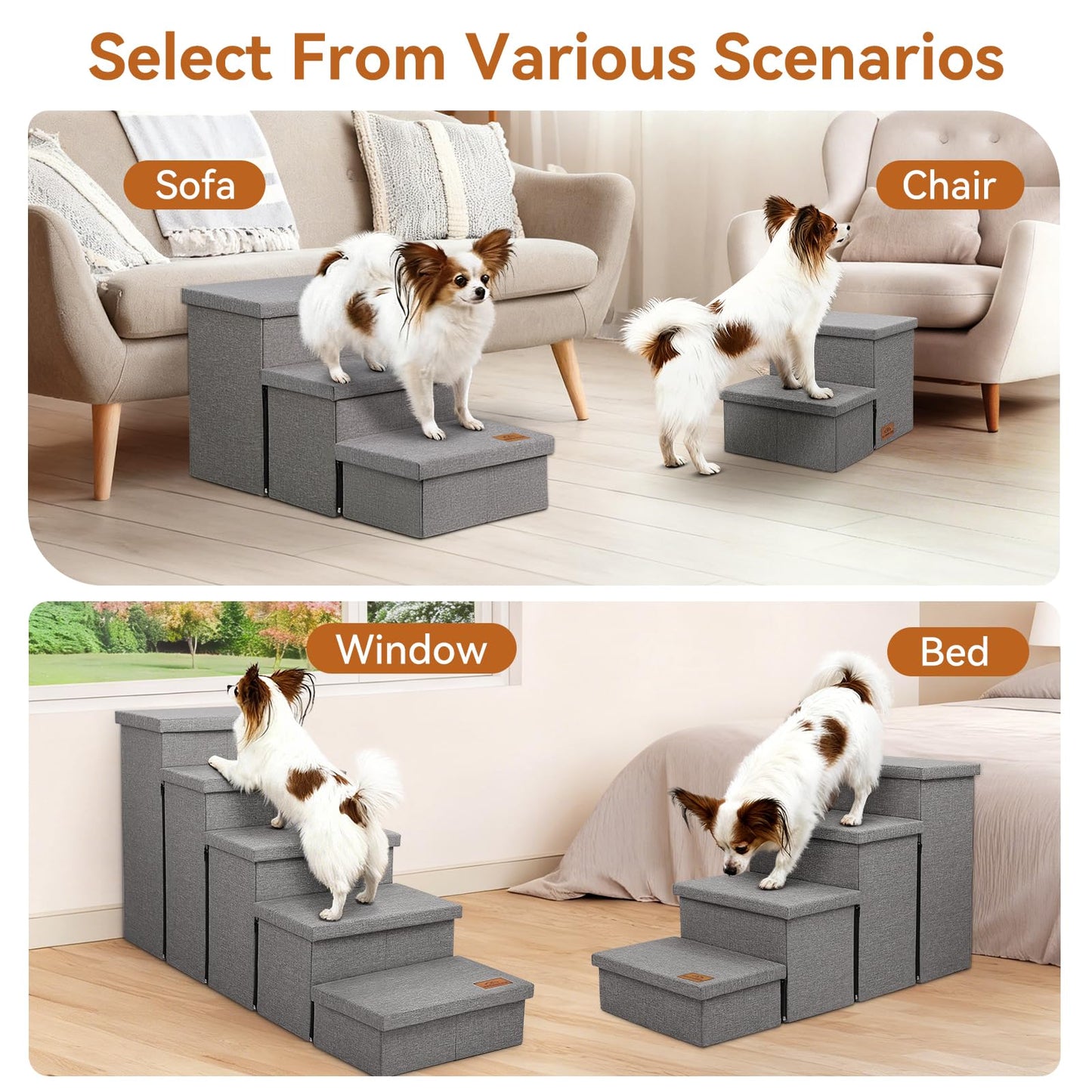 Zerbuger Wider Dog Ramp for High Bed with Storage 18" H, Foldable Dog Stairs for Small Medium Large Older Senior Animal, Sturdy Dog Step for Climbing Bed or Couch, Arthritis-Friendly (Gray, No Condo)