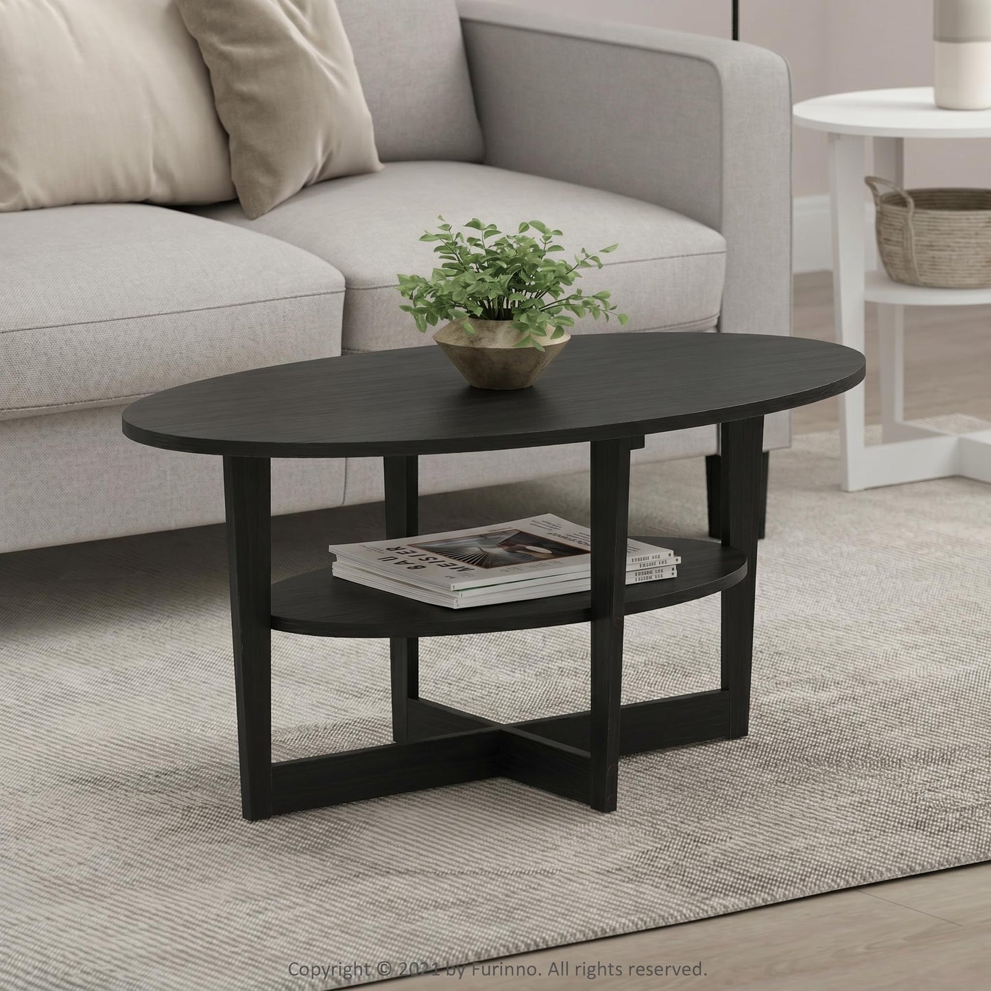 Furinno Jaya 2-Tier Round Coffee Table, Small Black Coffee Table with Storage Shelf, Oval Center Table for Living Room, Bedroom, Home Office, Black Walnut