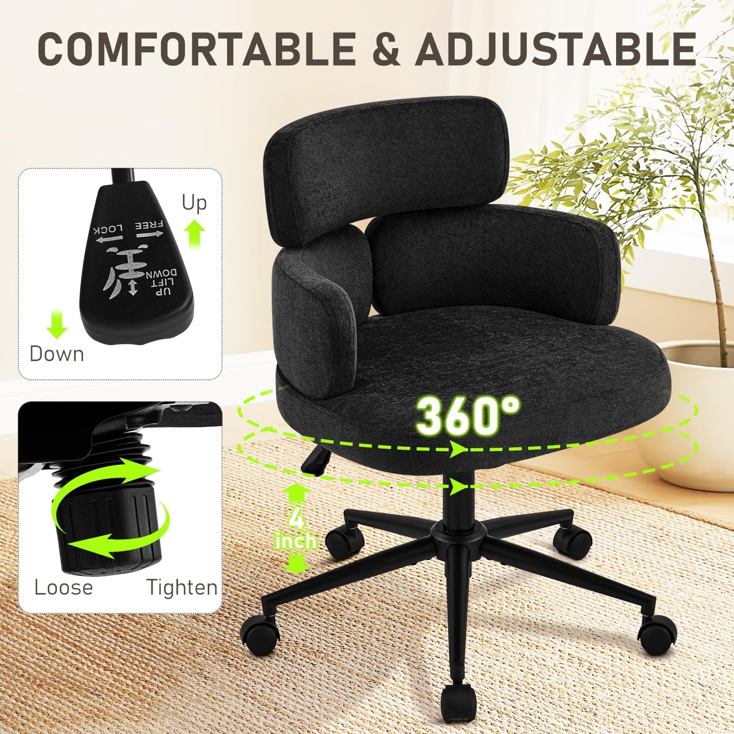 Furnistyle Modern Upholstered Office Chair with Wheels, Adjustable Height Swivel Desk Chair with Arms, Comfy Fabric Task Chair for Home Office, Bedroom, Study Room, Rolling Base,Black