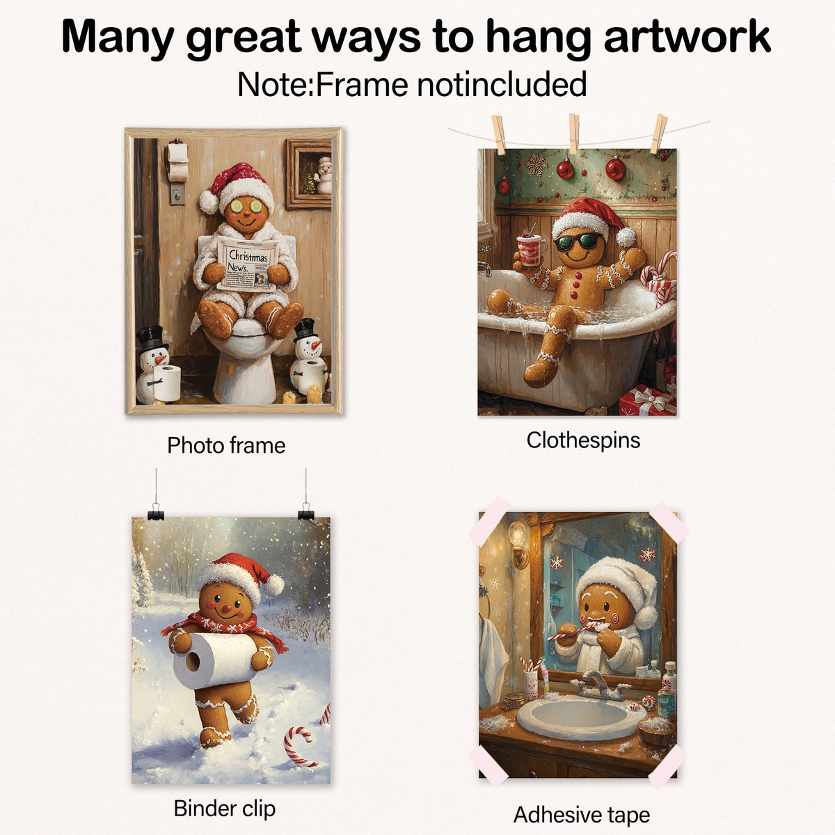Poecinvi Funny Christmas in July Gingerbread Man Bathroom Wall Art Prints Set of 4, Funny Christmas Bathroom Decor, Gingerbread Man Posters Pictures Wall Decor for Bath Room Washroom, 8x10 Unframed
