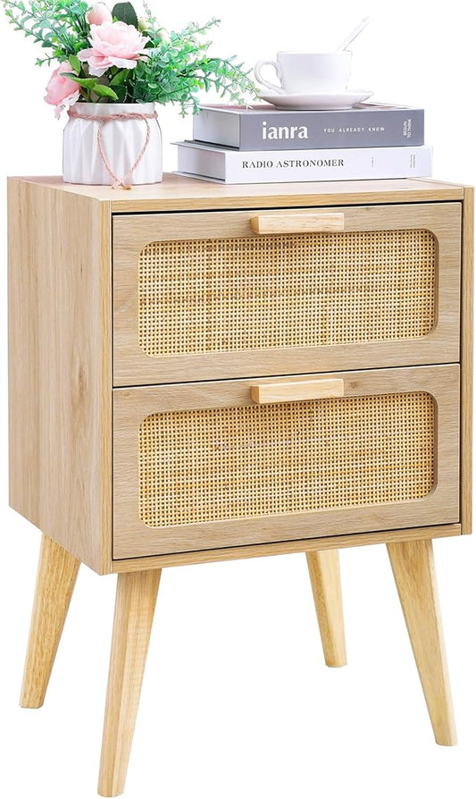 YAUKOMEL Rattan Nightstand, Wood End Table, Side Table