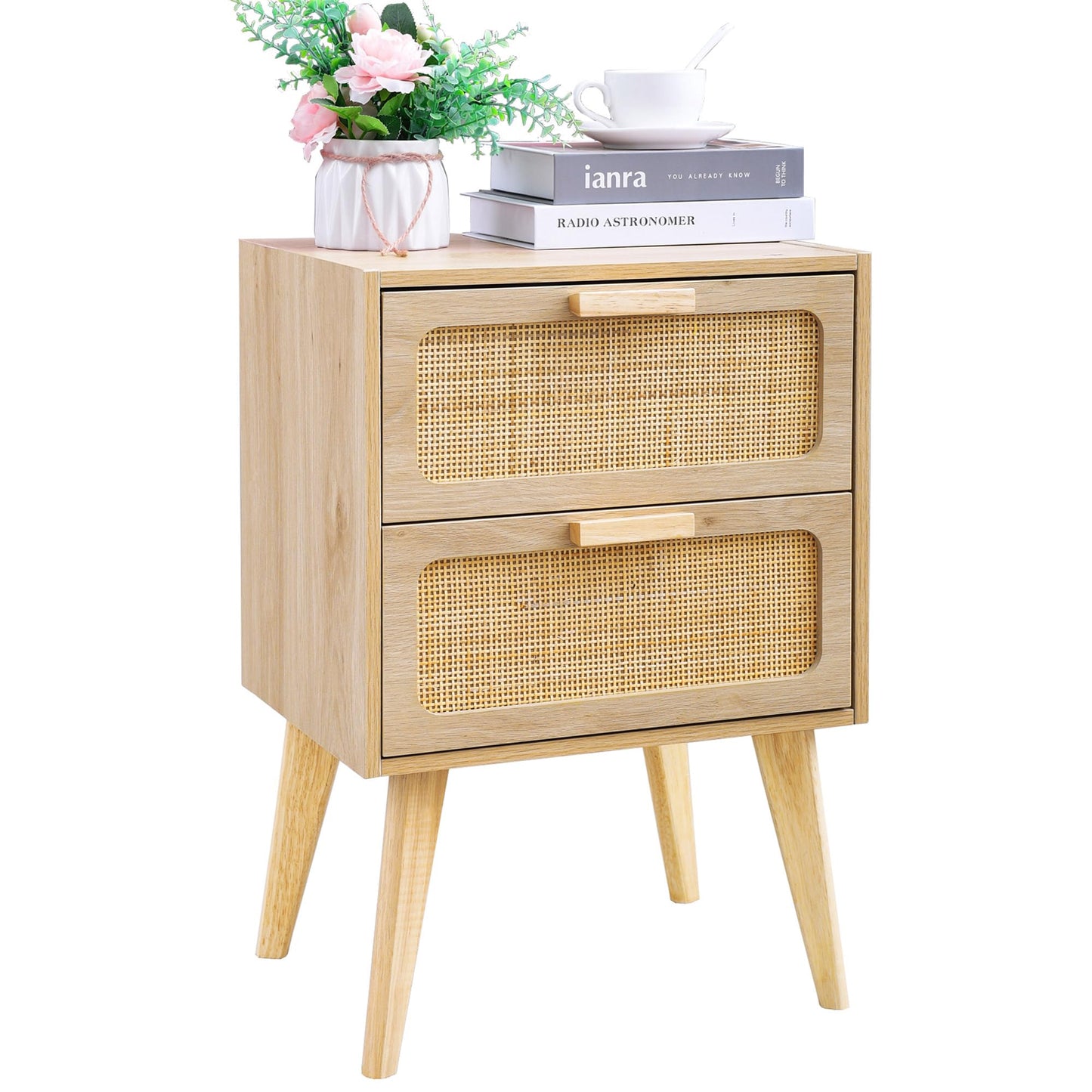 YAUKOMEL Rattan Nightstand, Wood End Table, Side Table with 2 Hand Made Rattan Decorated Drawers,Boho Bedside Table,Wood Accent Table with Storage for Livingroom, Bedroom, Natural CTG59Y