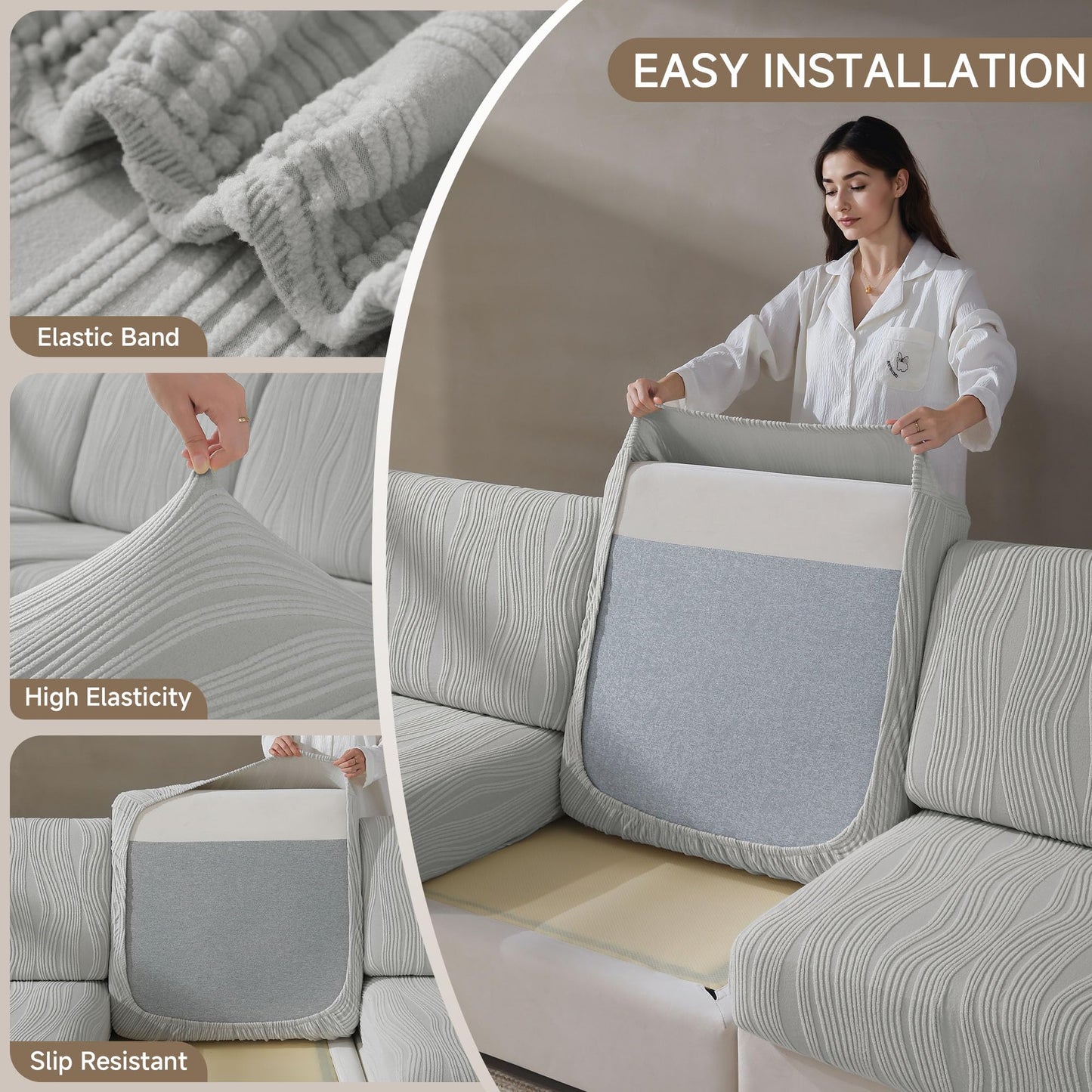 QIANMEW Couch Cushion Covers, Super Stretch Washable Sofa Slipcovers for L Shaped & Modular Seats, Pet-Friendly Furniture Protector with Stripe Design, (1 Seat Cover XL, Light Gray)