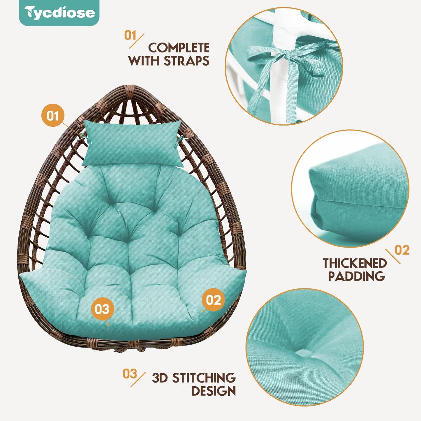 Tycdiose Outdoor Hanging Egg Chair Cushion Replacement, Thicken Egg Chair Cushion Waterproof Basket Eggs Chairs Cushion with Headrest Pillow, U-Shaped Cushions for Hanging Eggs Chairs Swing (Teal)