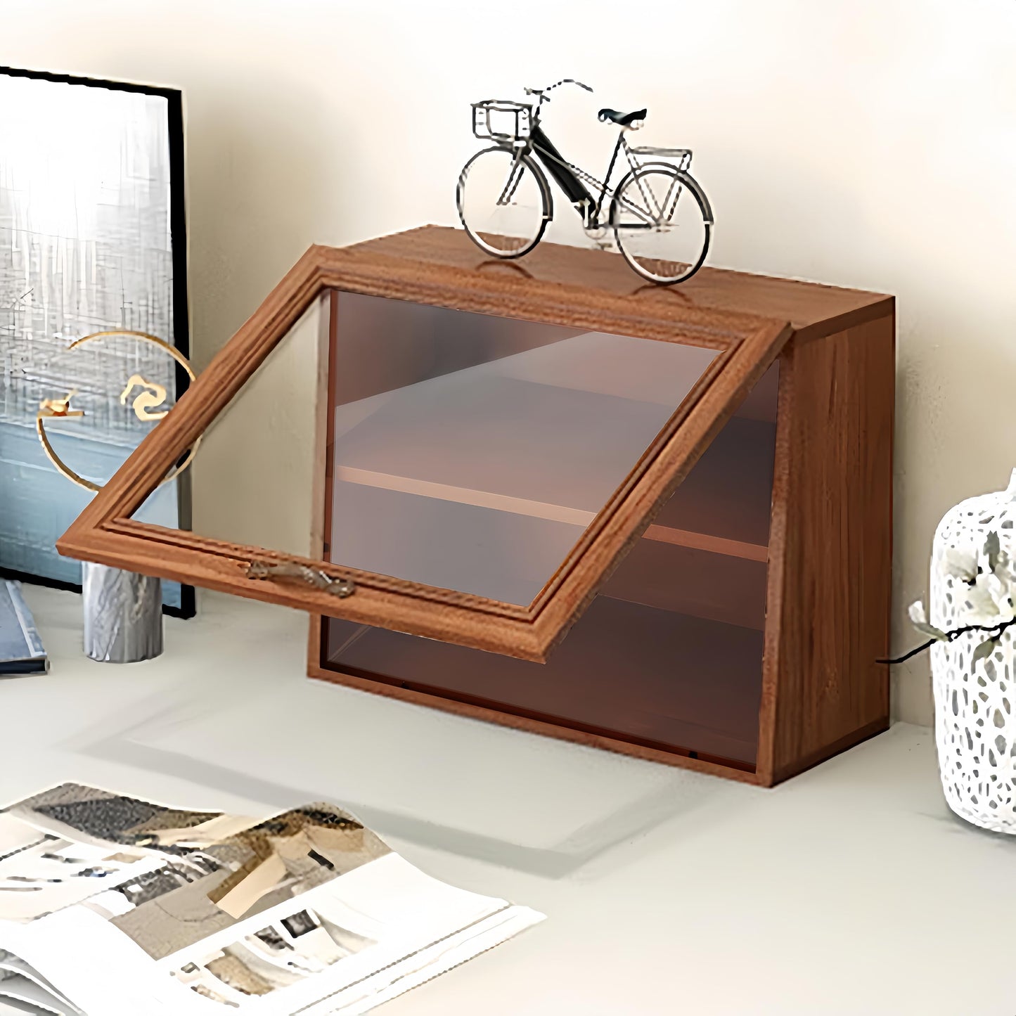 Wooden Display Cabinet with Glass Doors | Freestanding Curio Cabinet for Collectibles & Mini Figures | Desktop Organizer with Display Case for Cosmetics, Jewelry, Pastries & Po p Figures