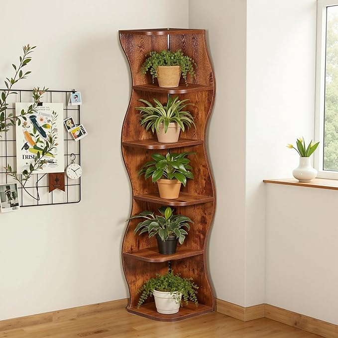 VECELO Wavy Corner Shelf with LED Light, Decorative 6-Tier Corner Display