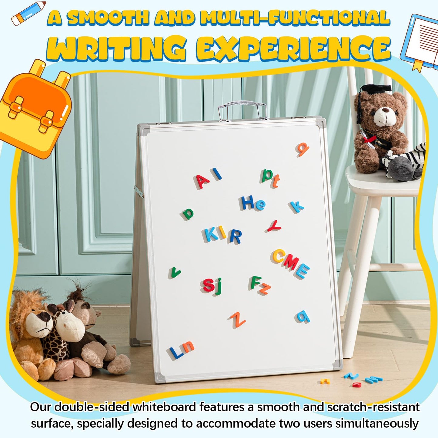 Lincia 36 x 24 Inch Portable Dry Erase Board with Stand, Foldable White Board Double Sided Whiteboard Easel, Silver Aluminum Frame with Metal Handle for Office Home School Teaching Demonstration