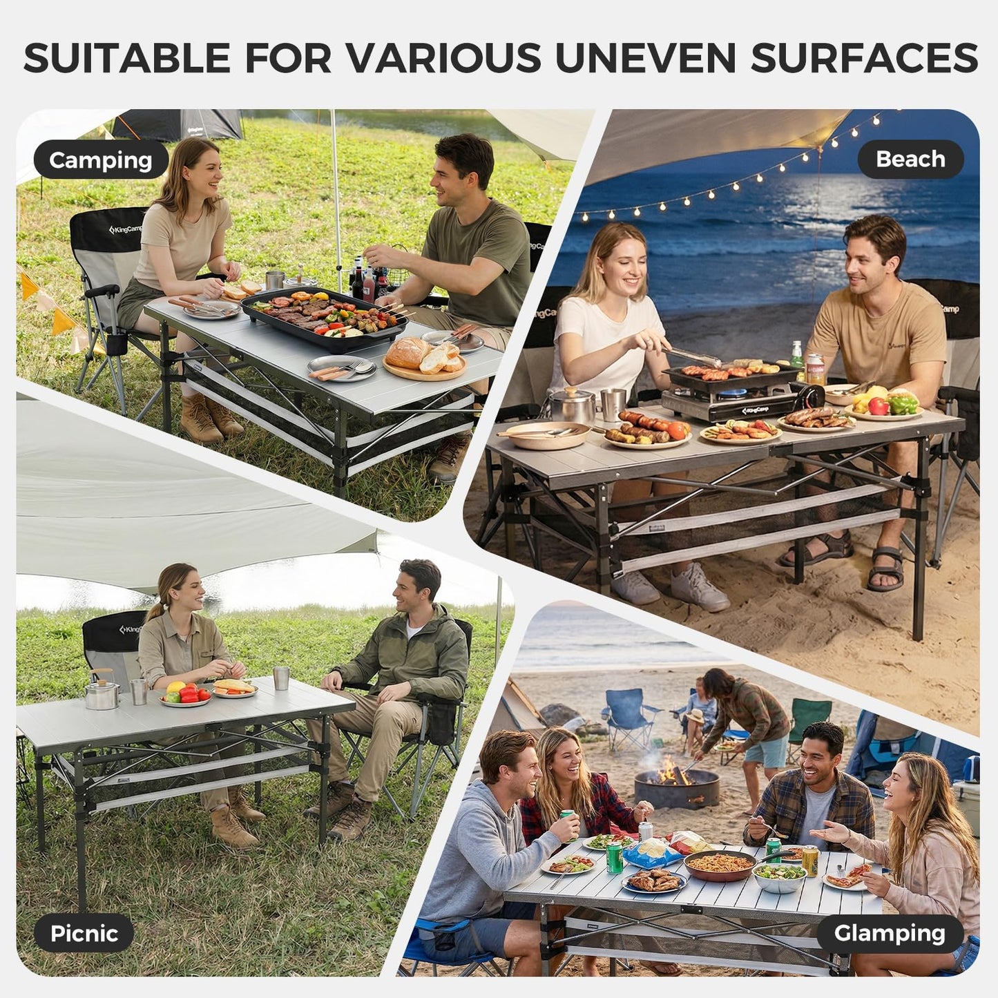 KingCamp Folding Camping Table, Aluminum Roll-Up Camp Table, Large Foldable Table for 6-8 Person, Outdoor Portable Tables with Carry Bag, 180 LBS Heavy Duty Load (Silver+Mesh：53.5" × 27.5")