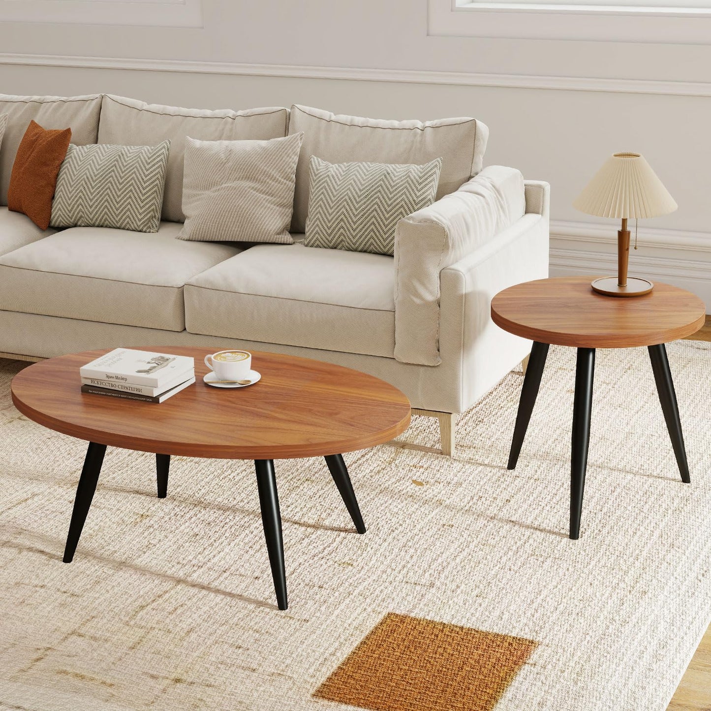Permory 2-Piece Nesting Coffee Table Set, Oval & Round Mid-Century Modern Side Tables with MDF Tabletop & Metal Tapered Legs, Accent Table Set for Living Room, Small Spaces, Walnut